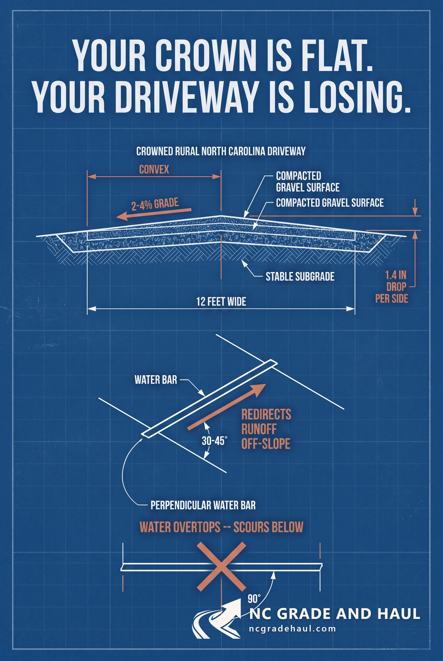 Crown and Water Bars for NC Rural Driveways — How They Work - NC Grade and Haul infographic.