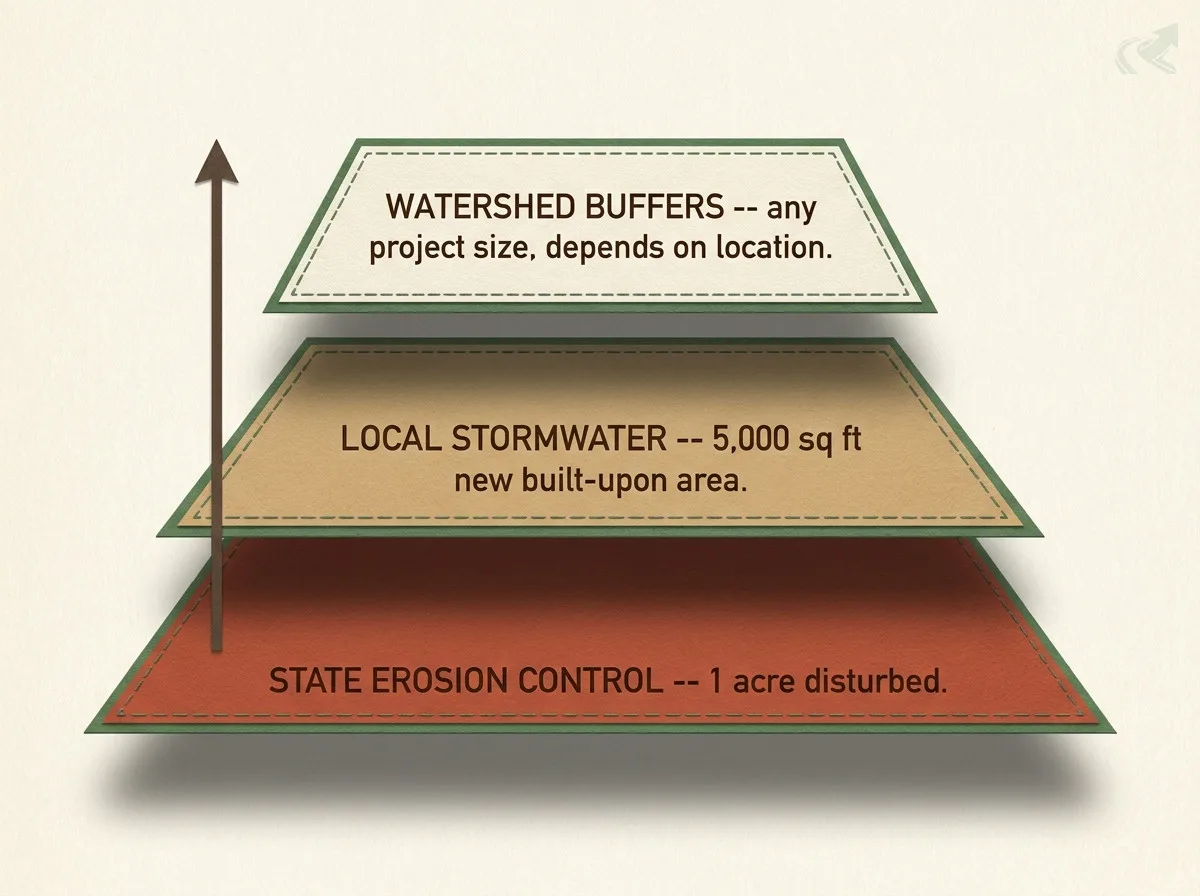 Papercraft illustration of three floating cardstock layers representing three separate NC regulatory programs: state erosion control at 1 acre disturbed, local stormwater at 5,000 sq ft new built-upon area, and watershed buffers at any project size depending on location -- each layer casts its own drop shadow, showing they are independent programs, not one stacked rule.