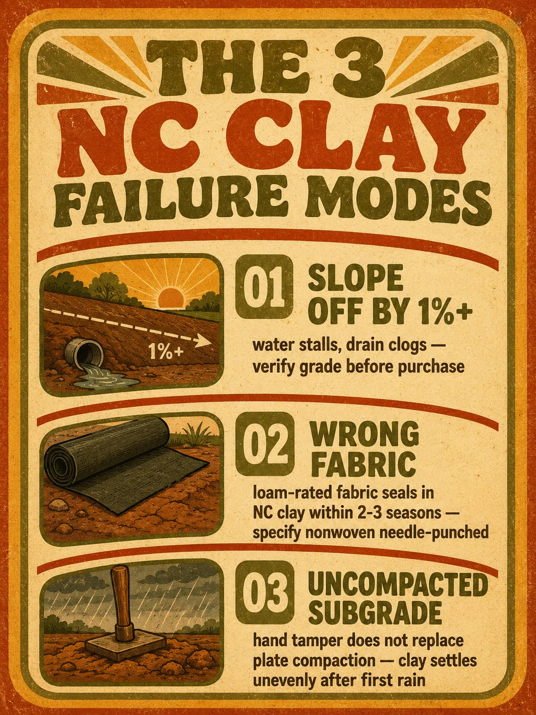 1970s-style retro poster listing the three most common NC clay DIY drainage failure modes: slope error, wrong fabric, uncompacted subgrade