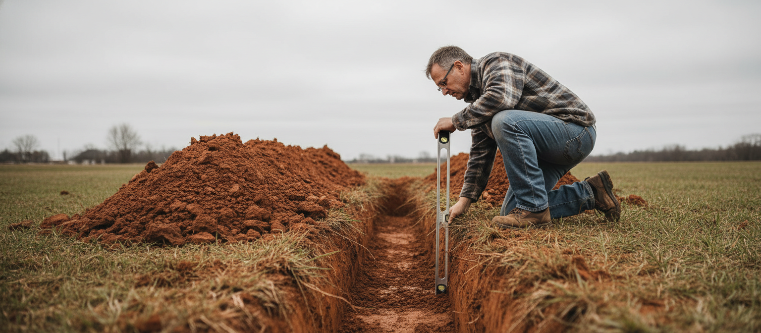 DIY homeowner trenching NC red clay yard beside an excavated mound