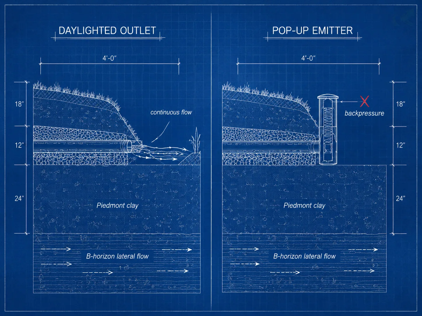 Blueprint-style side-by-side comparison of a daylighted drain outlet (continuous open flow at grade) versus a pop-up emitter (spring-loaded cap that closes under backpressure) in NC Piedmont clay soil cross-section