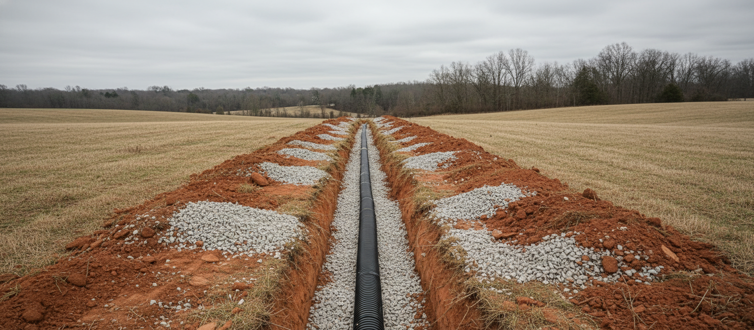 Dr Drainz NC-style French drain trench with gravel bed crossing a flat clay field