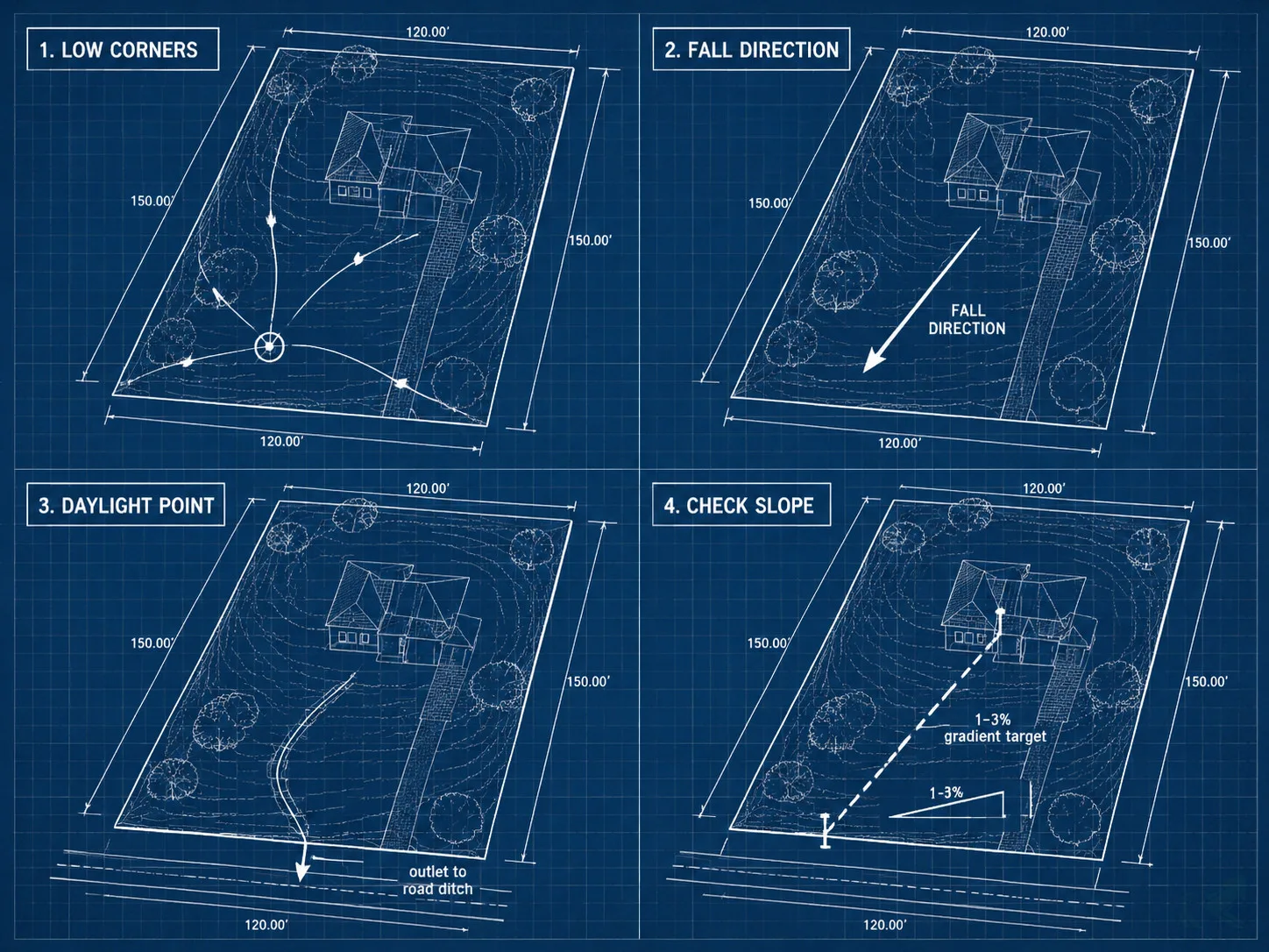 Blueprint-style diagram of a residential lot showing four swale routing checkpoints: low corners, fall direction, daylight outlet point, and slope percentage