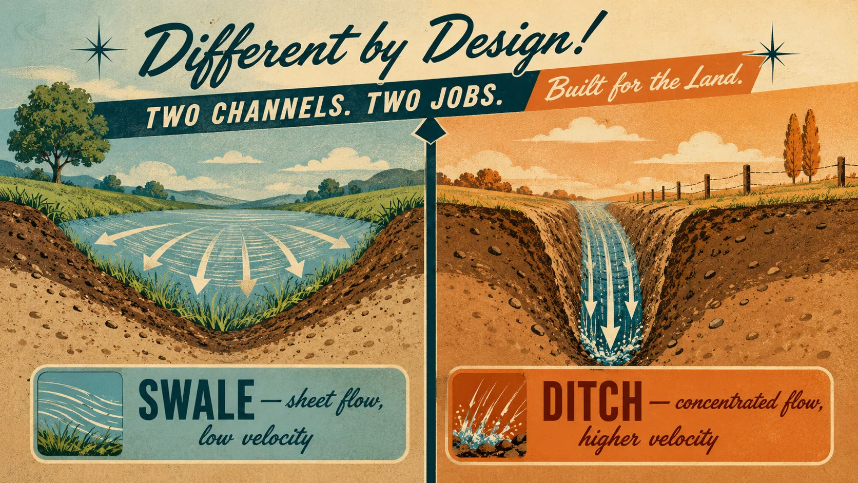 Side-by-side cross-section comparison of a swale with wide shallow grass-lined channel versus a ditch with narrow steep bare walls, showing slow sheet flow versus concentrated fast flow
