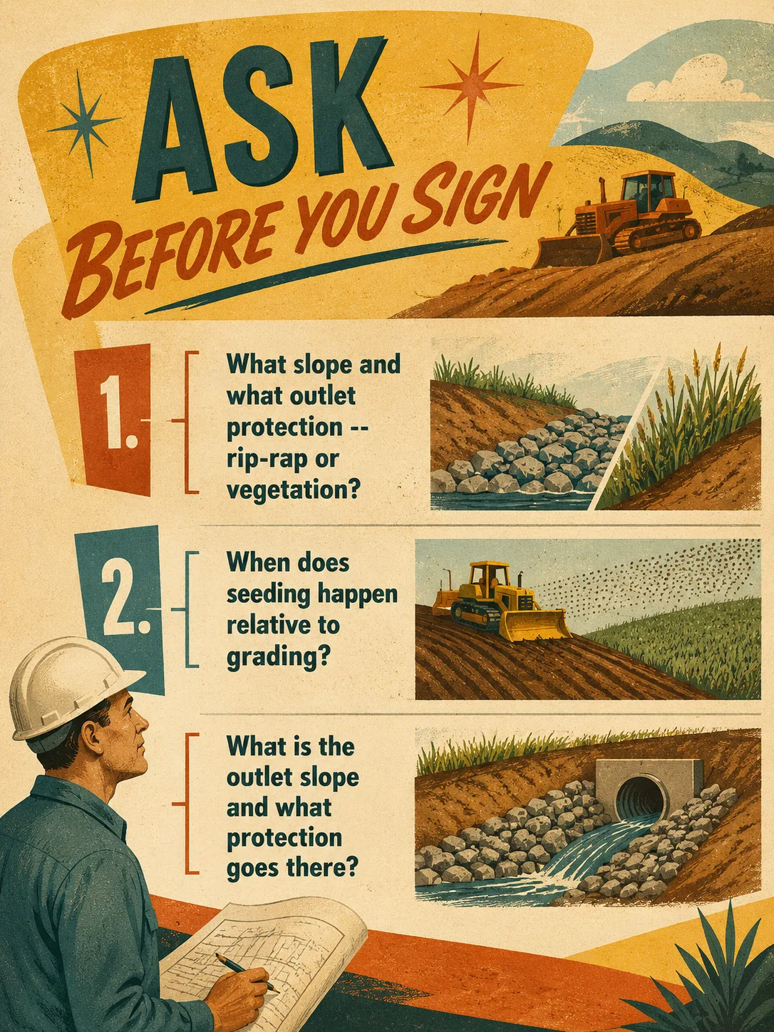 1950s-style illustrated checklist poster showing three numbered questions to ask a contractor about swale outlet protection, slope, and seeding timing before signing a grading proposal