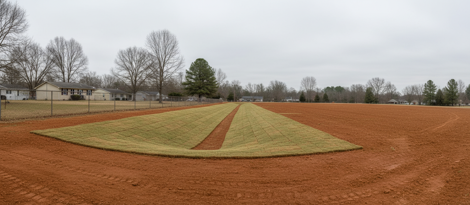 Drainage arc swale with grass crown crossing a red clay NC yard