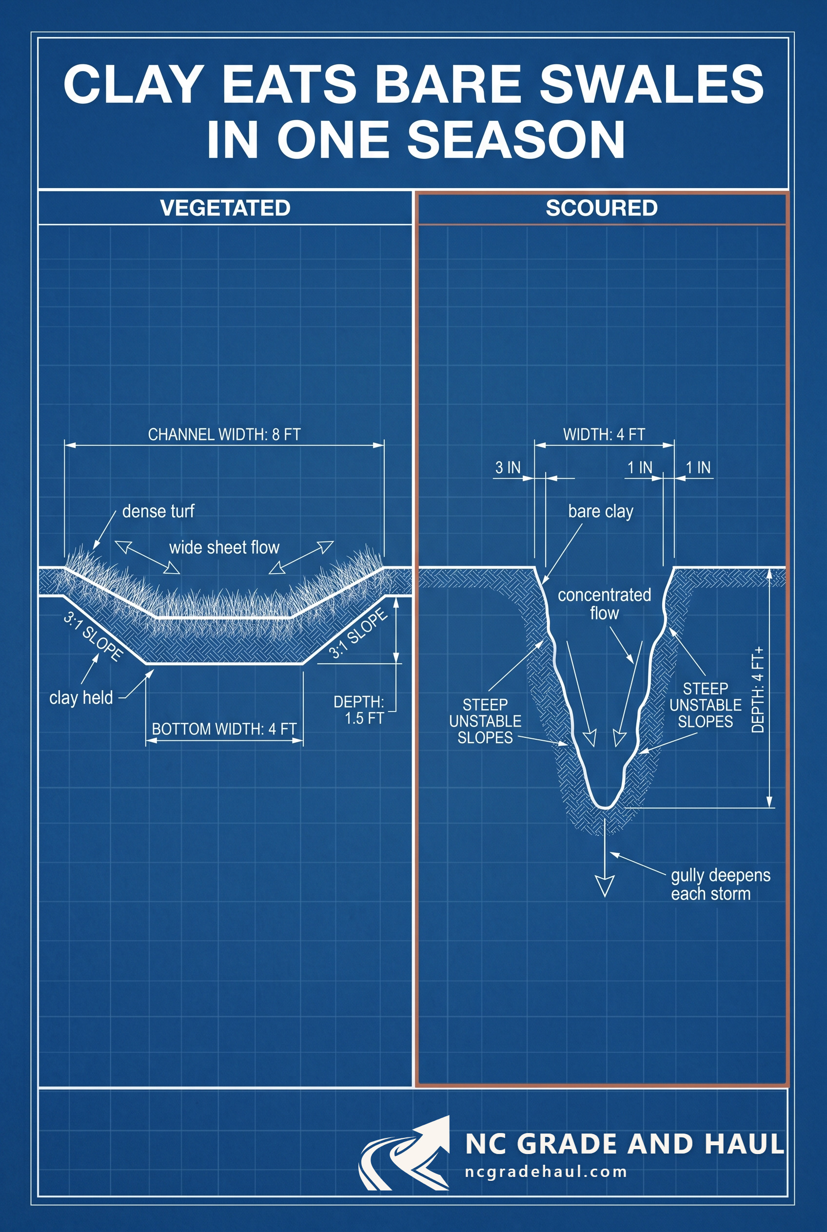 Swales and Drainage Arcs for NC Drainage: Design and Clay Erosion - NC Grade and Haul infographic.