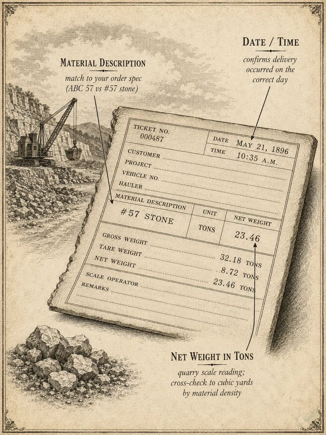 Vintage engraving-style diagram of a quarry delivery ticket with labeled leader lines pointing to three key fields: material description, net weight in tons, and date/time