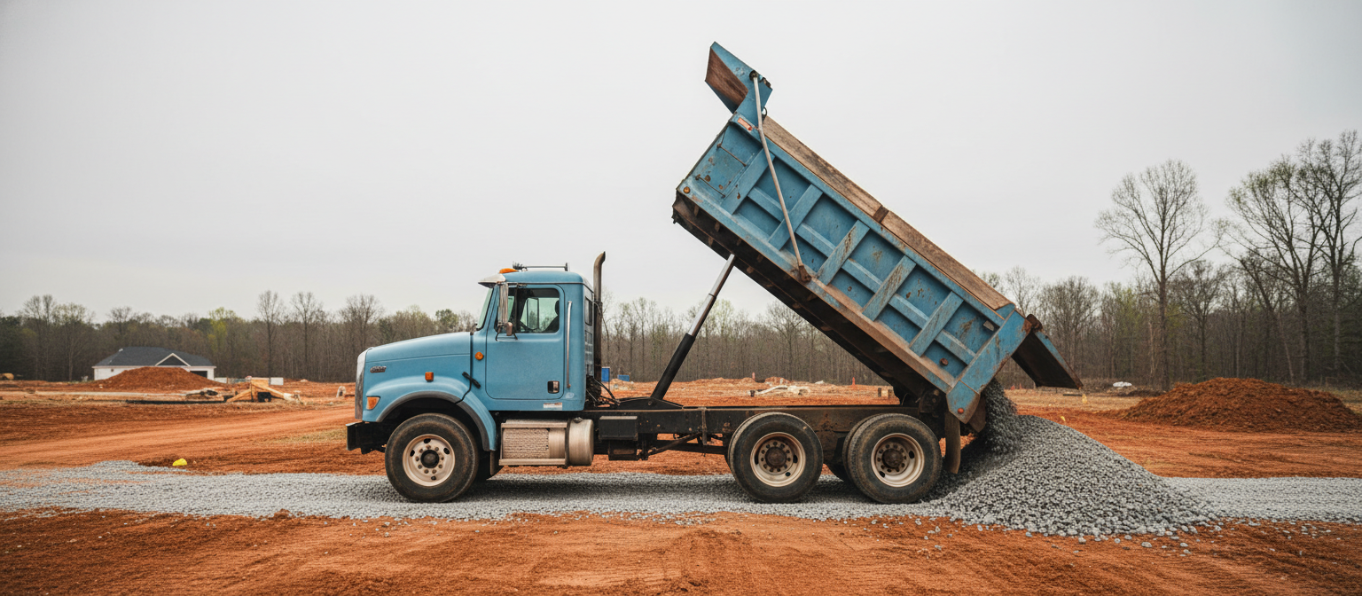 Dump truck mid-haul delivering gravel to a red clay NC construction site