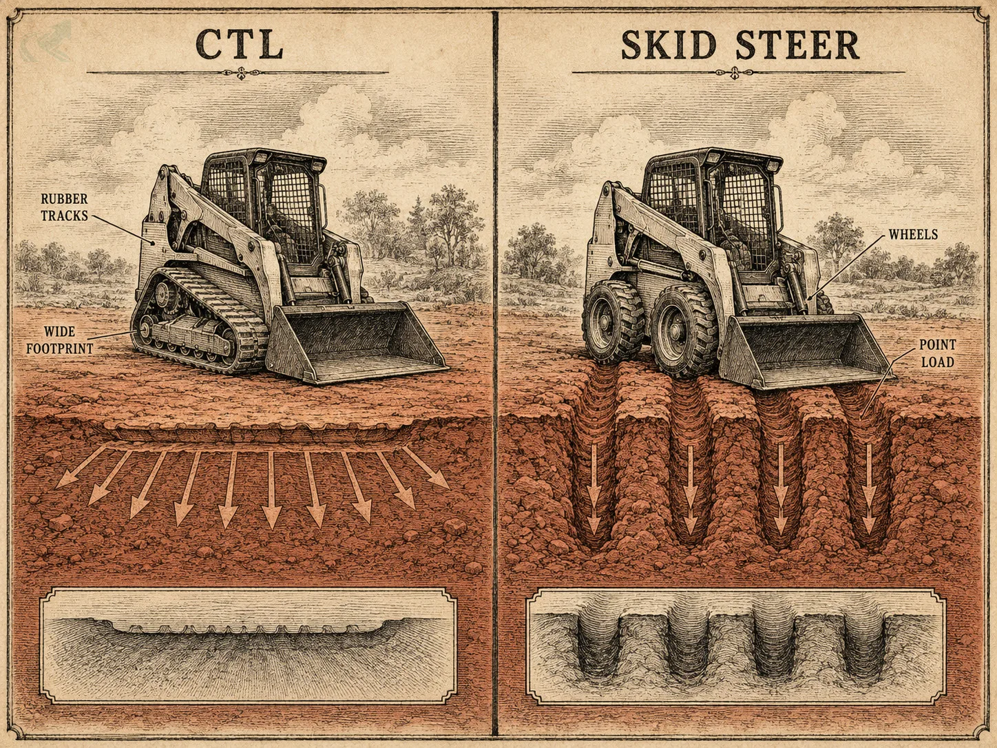 Side-by-side engraving comparing a compact track loader (CTL) with rubber tracks spreading weight on red clay versus a wheeled skid steer sinking under concentrated point loads