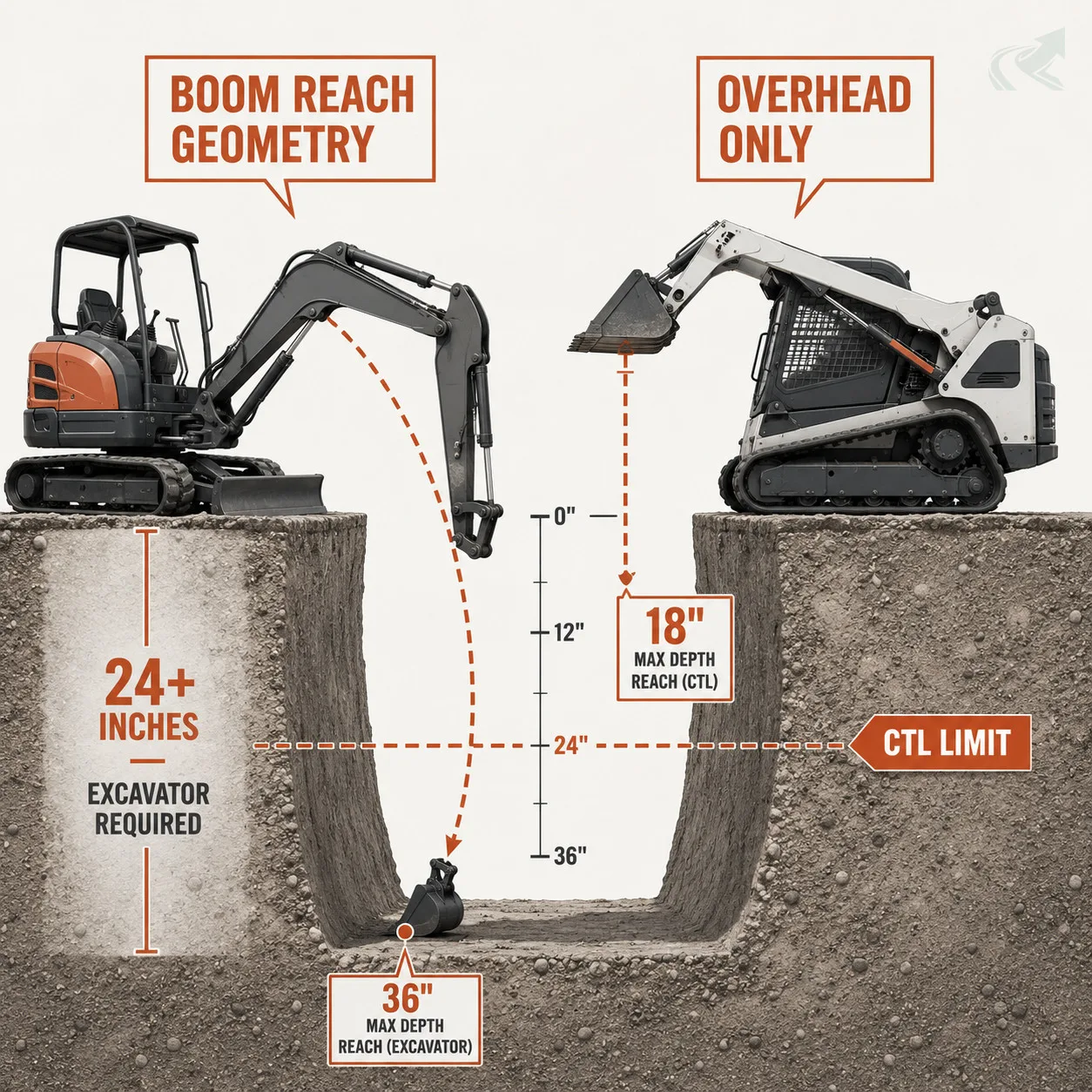 Editorial cross-section diagram showing a mini excavator's boom reaching down and outward into a trench at 36-inch depth versus a CTL limited to overhead reach at 18 inches, with a 24-inch depth threshold marked