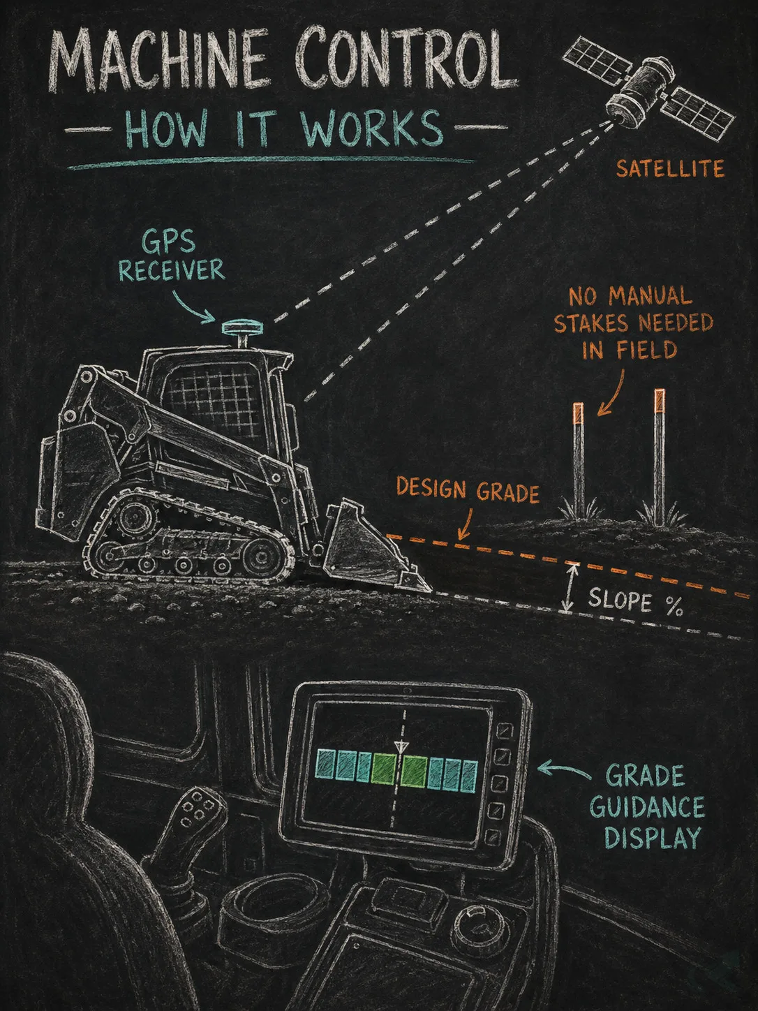 Chalkboard-style instructional diagram showing a GPS receiver on a CTL cab sending satellite signals to guide a blade along a pre-programmed design grade, with labels for the guidance display and design grade line