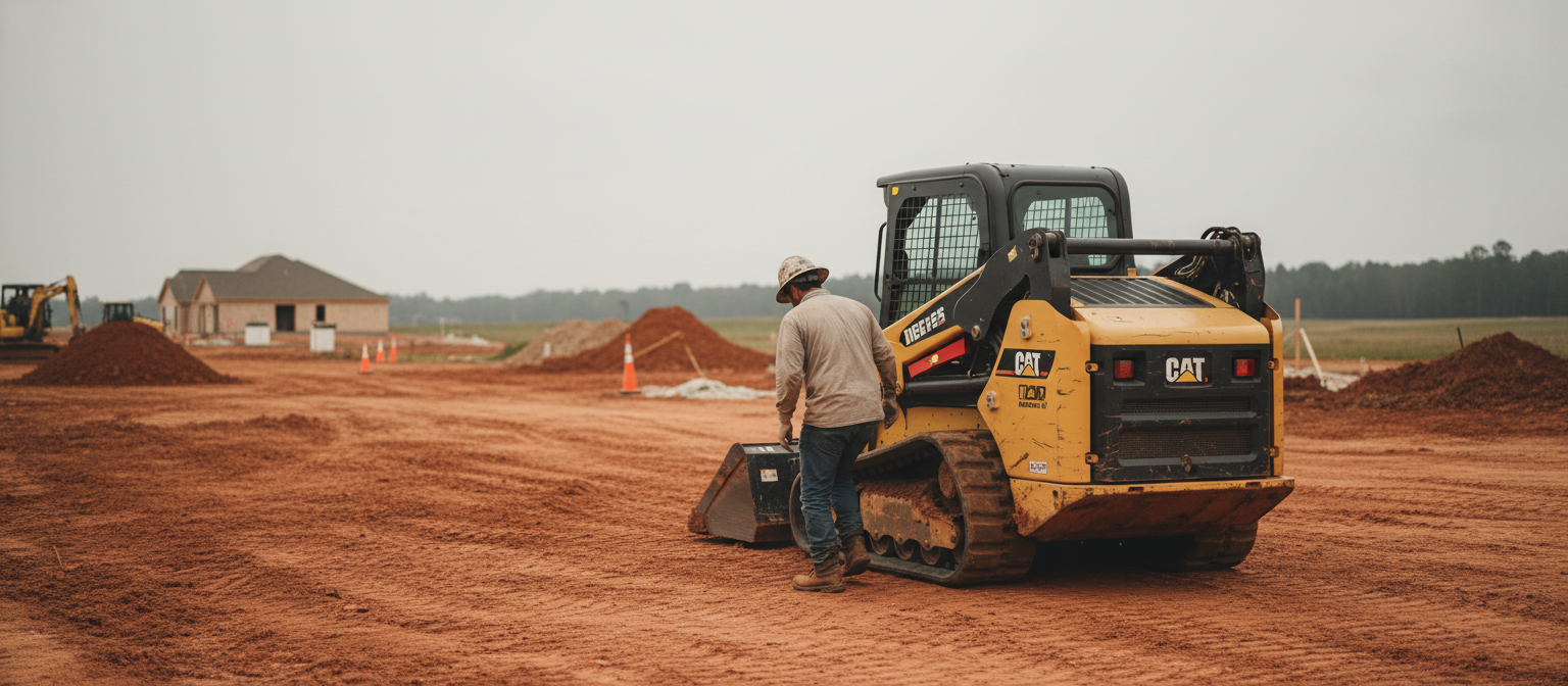 NC grading equipment -- skid steer on a red clay residential site