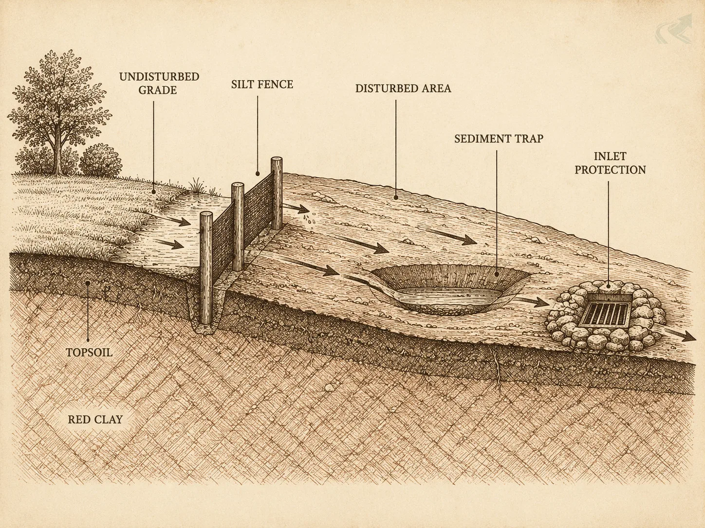 Vintage field-guide cross-section of an active grading site: silt fence staked at the disturbance perimeter, sediment trap basin in the disturbed area, rock inlet protection at the storm drain, directional arrows showing runoff flow, with topsoil and red clay subsoil layers labeled below