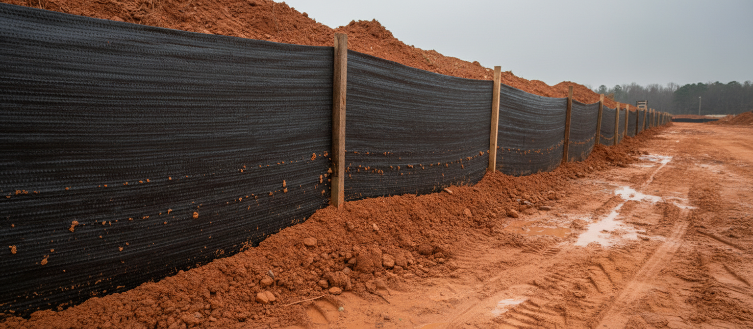 Erosion sediment control silt fence staked along a Piedmont NC graded corridor