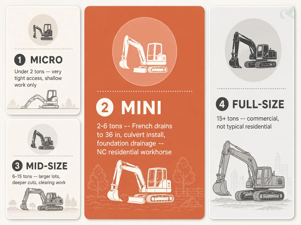 Bento-grid ranking the four mini excavator size classes used in NC residential grading, from micro under 2 tons to full-size 15-plus tons, with the 2-to-6-ton mini class highlighted as the residential workhorse.