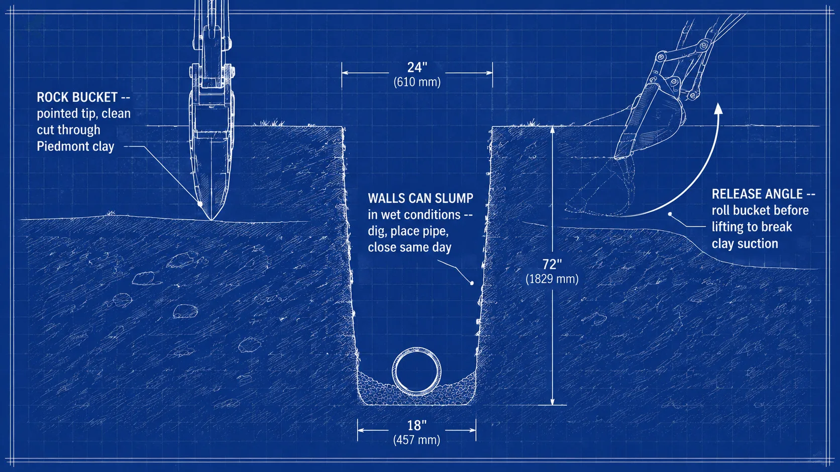Blueprint cross-section of a trench cut through NC Piedmont red clay, annotating the rock bucket choice, trench wall slump risk in wet conditions, and the bucket release angle technique for breaking clay suction.