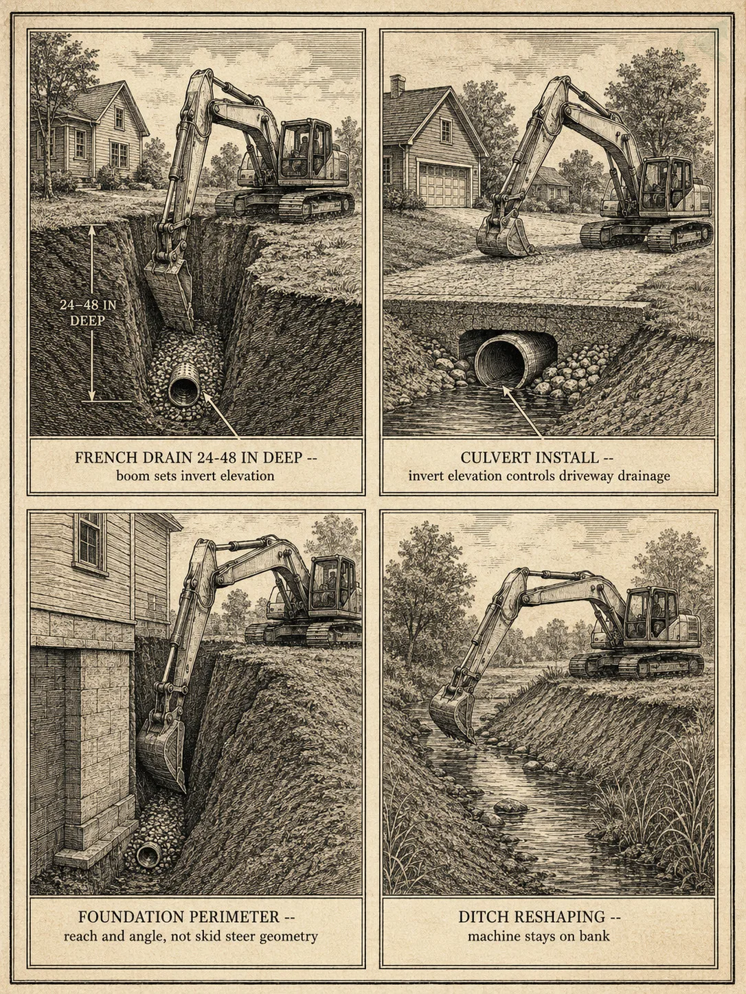 Four field-guide engraving vignettes showing the project types that require an excavator on NC residential jobs: deep French drain trenches, culvert installation, foundation perimeter drainage, and ditch reshaping from the bank.