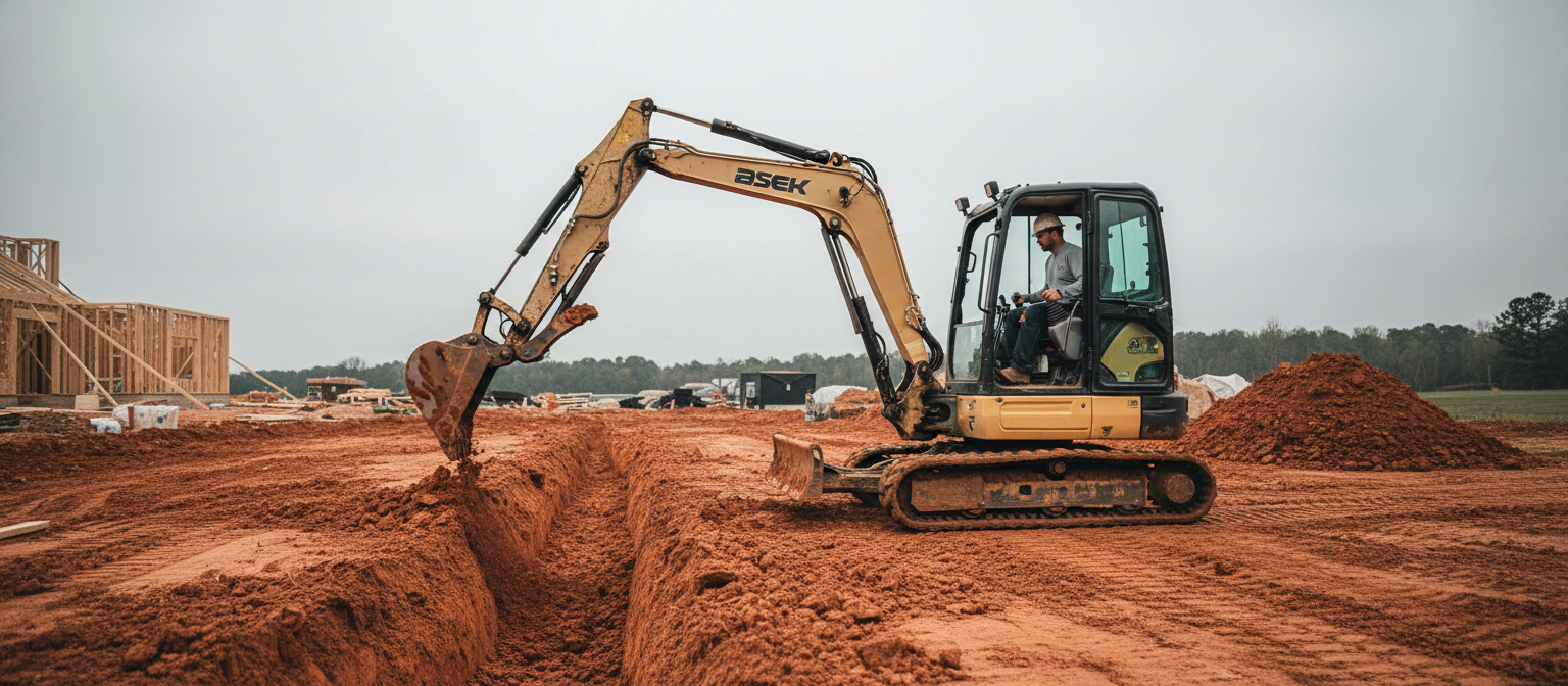 Excavator boom digging a deep trench in NC red clay at a residential site