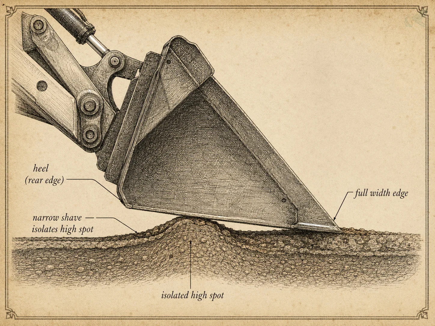 Field-guide engraving of a skid steer bucket tipped back, showing the heel at the rear corner shaving a narrow strip from a clay high spot