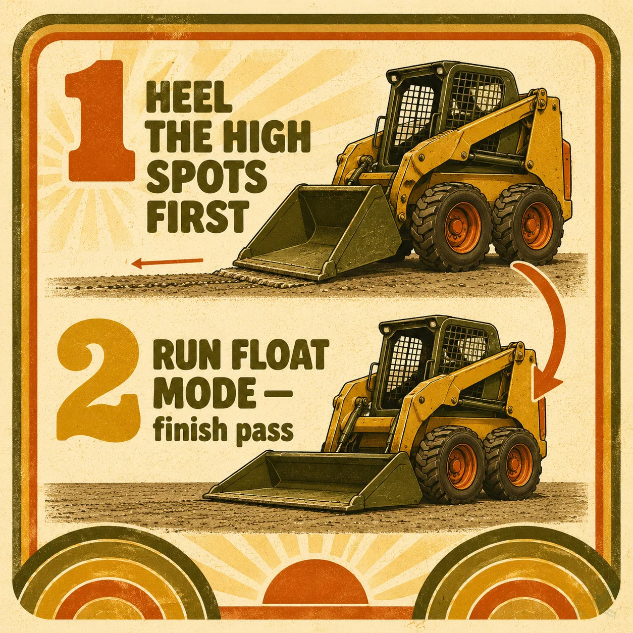 Two-step finish-grade sequence: step 1 heel the high spots, step 2 run float mode for the finish pass