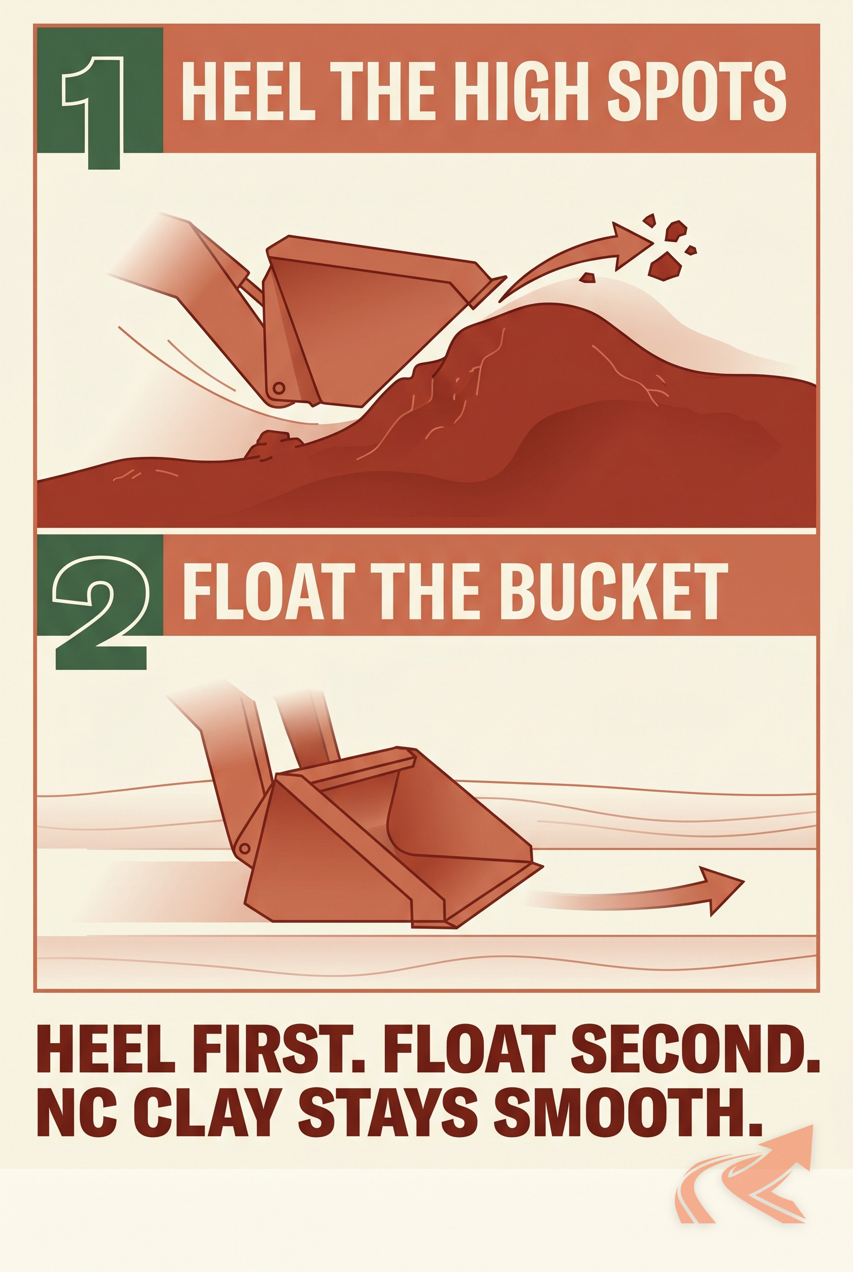 Float the Bucket and Heel Grading: NC Grading Operator Vocabulary - NC Grade and Haul infographic.