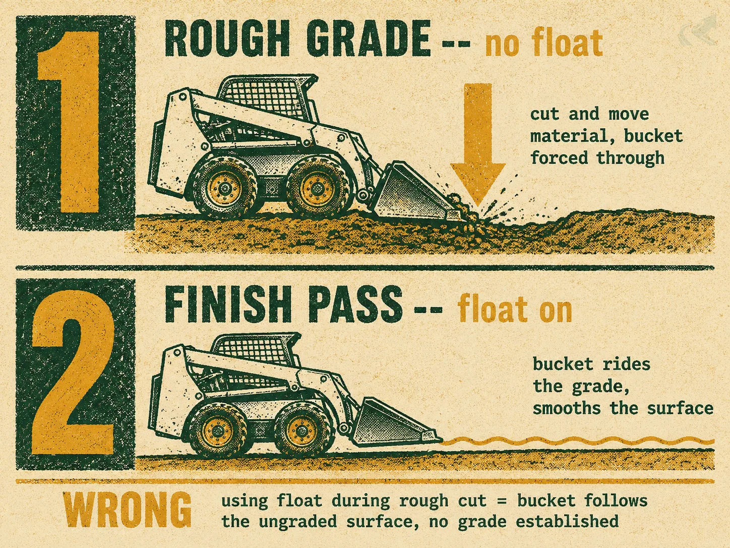 Risograph-style two-step diagram: step 1 rough grade without float (bucket forced into soil), step 2 finish pass with float engaged (bucket rides the smoothed surface)
