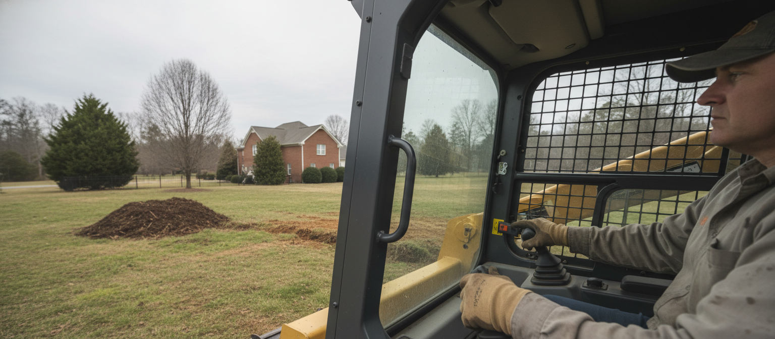Floating the bucket -- skid steer cab view over NC clay yard finish pass