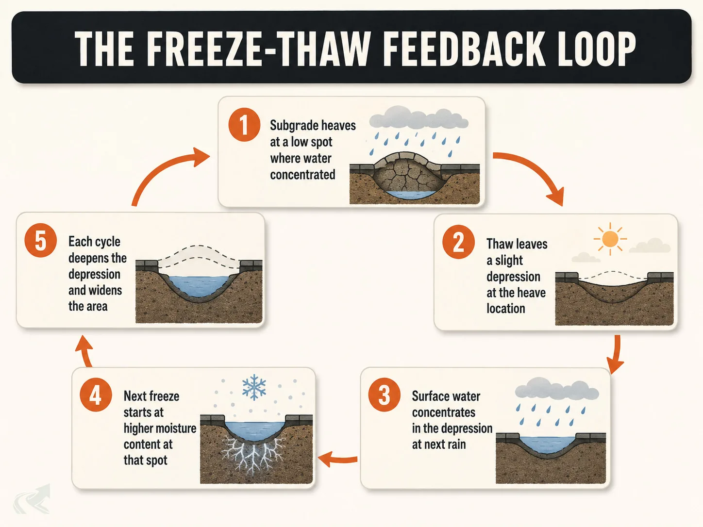 Bento-grid diagram of the five-step driveway freeze-thaw feedback loop: heave at low spot, depression forms, water concentrates, higher moisture freeze, deepening cycle