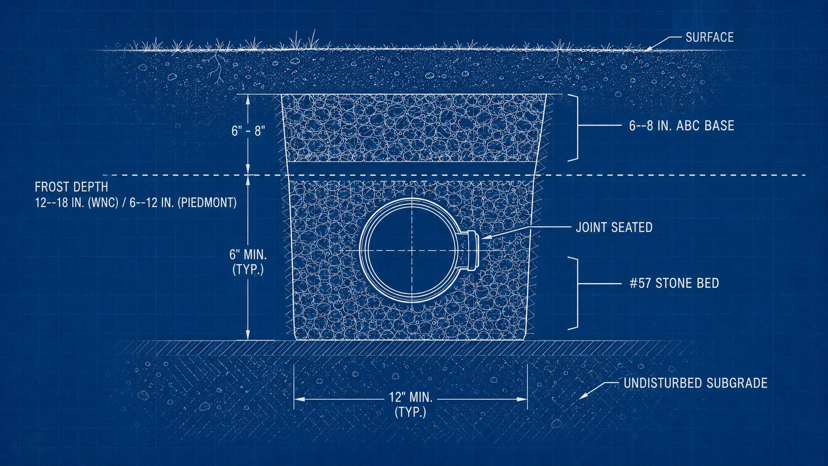 Technical blueprint cross-section of correct NC freeze-thaw drainage pipe burial: 6-8 inch ABC base, pipe centered in #57 stone bed with seated joint, buried below frost depth of 12-18 inches in WNC or 6-12 inches in the Piedmont