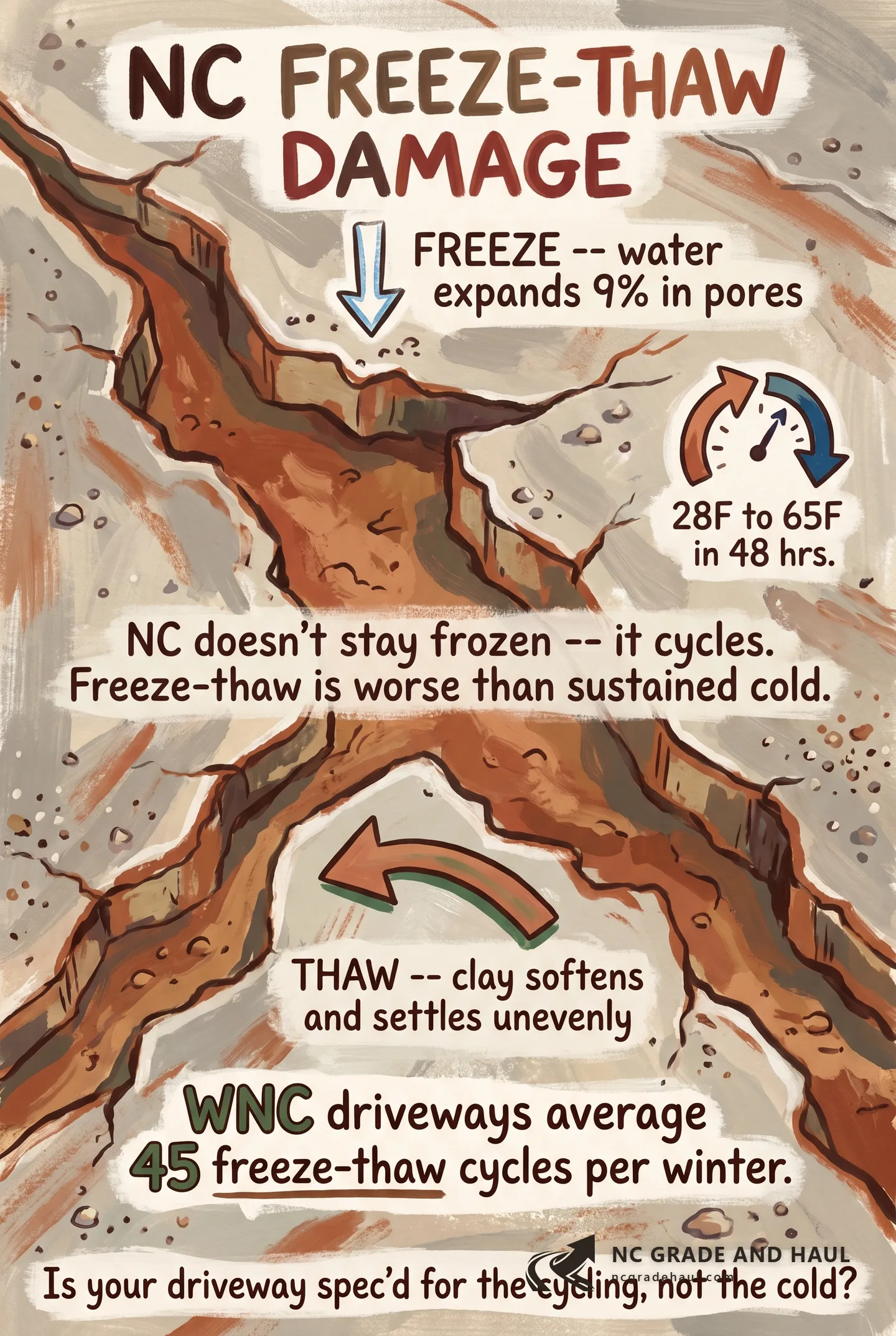 Freeze-thaw damage in NC: what winter cycles do to driveways, drains, and foundations. What to spec for winter resilience, and why mountain-region installs need extra depth.