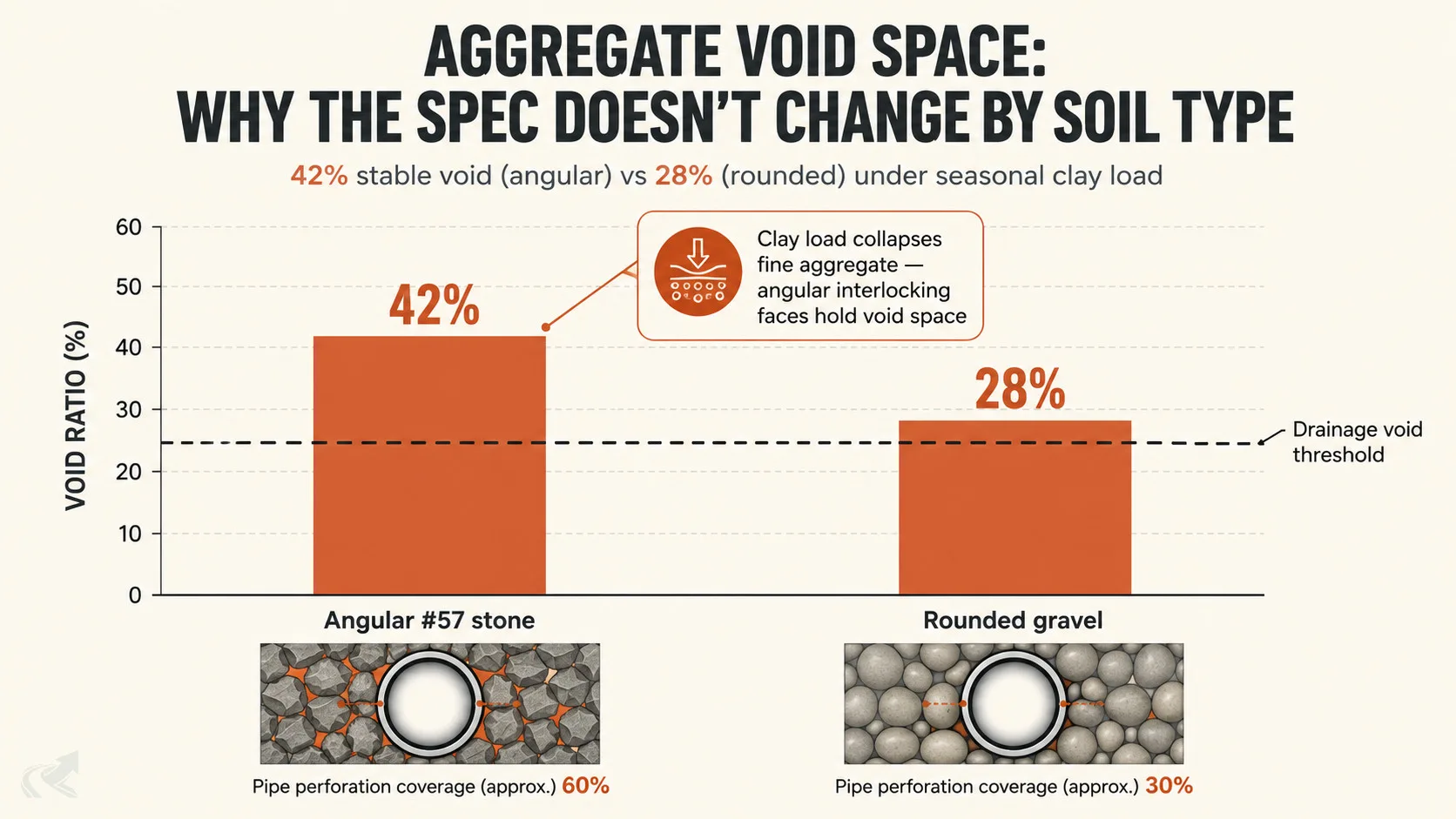 Editorial bar chart comparing angular #57 stone aggregate (42% void ratio) versus rounded gravel (28% void ratio), with a dashed drainage-threshold line and annotation noting clay load collapses fine aggregate while angular interlocking faces hold void space