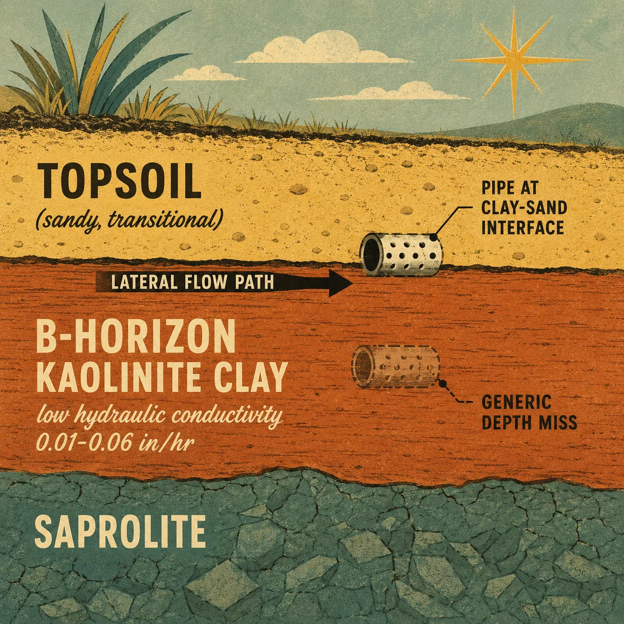 Mid-century style soil profile diagram showing NC Piedmont B-horizon kaolinite clay layer (0.01-0.06 in/hr hydraulic conductivity) with lateral water flow path along the clay-topsoil interface, contrasting correct pipe placement at the clay-sand boundary versus a generic depth placement that misses the lateral flow