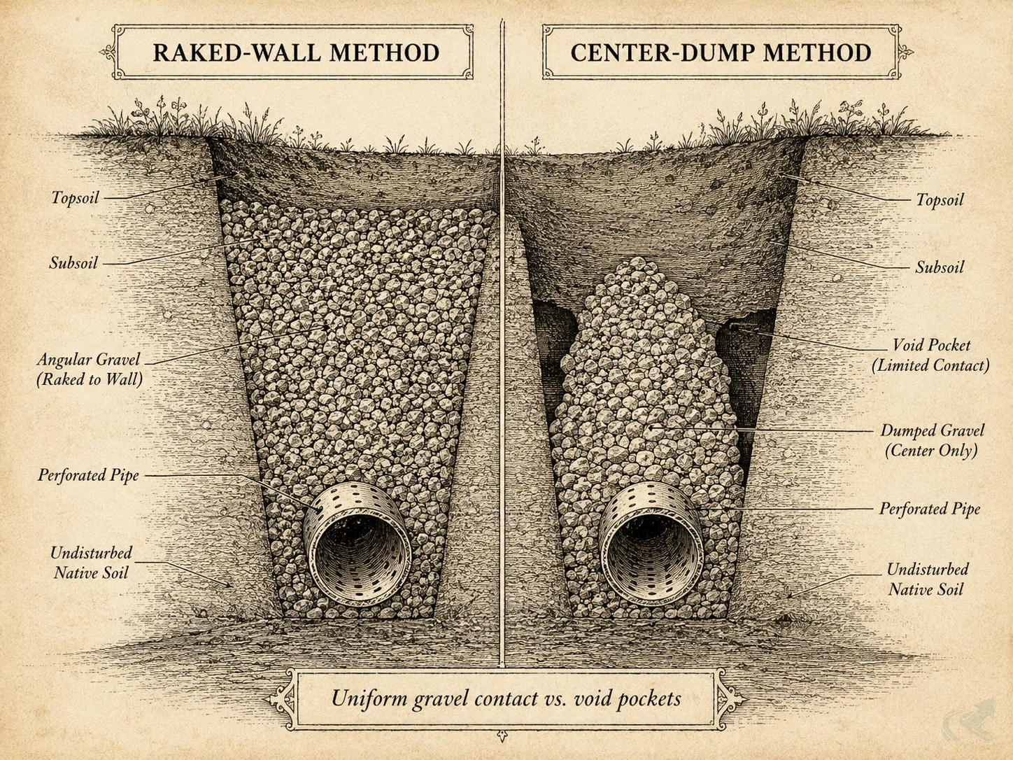 Cross-section engraving diagram comparing raked-wall aggregate distribution (gravel packed evenly up trench walls around pipe) versus center-dump method (gravel mounded at center leaving voids beside pipe)