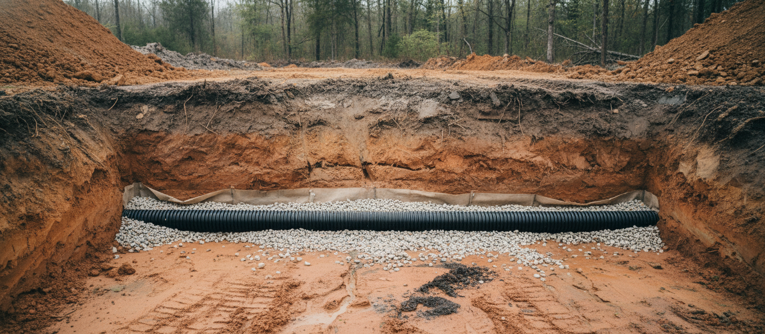 French drain man Michigan trench style adapted in NC red clay with pipe and gravel