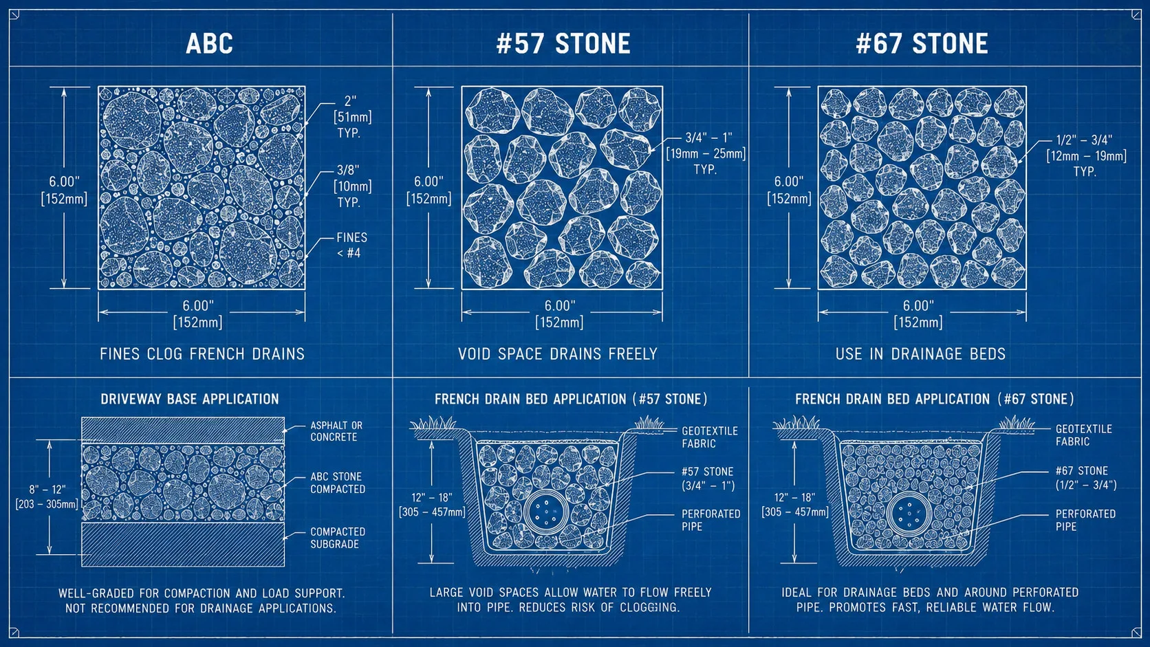 Blueprint diagram comparing ABC, #57 stone, and #67 stone particle sizes side by side — ABC shows mixed fines packed tight with a note that fines clog French drains; #57 and #67 show uniform void-space particles suited for drainage beds
