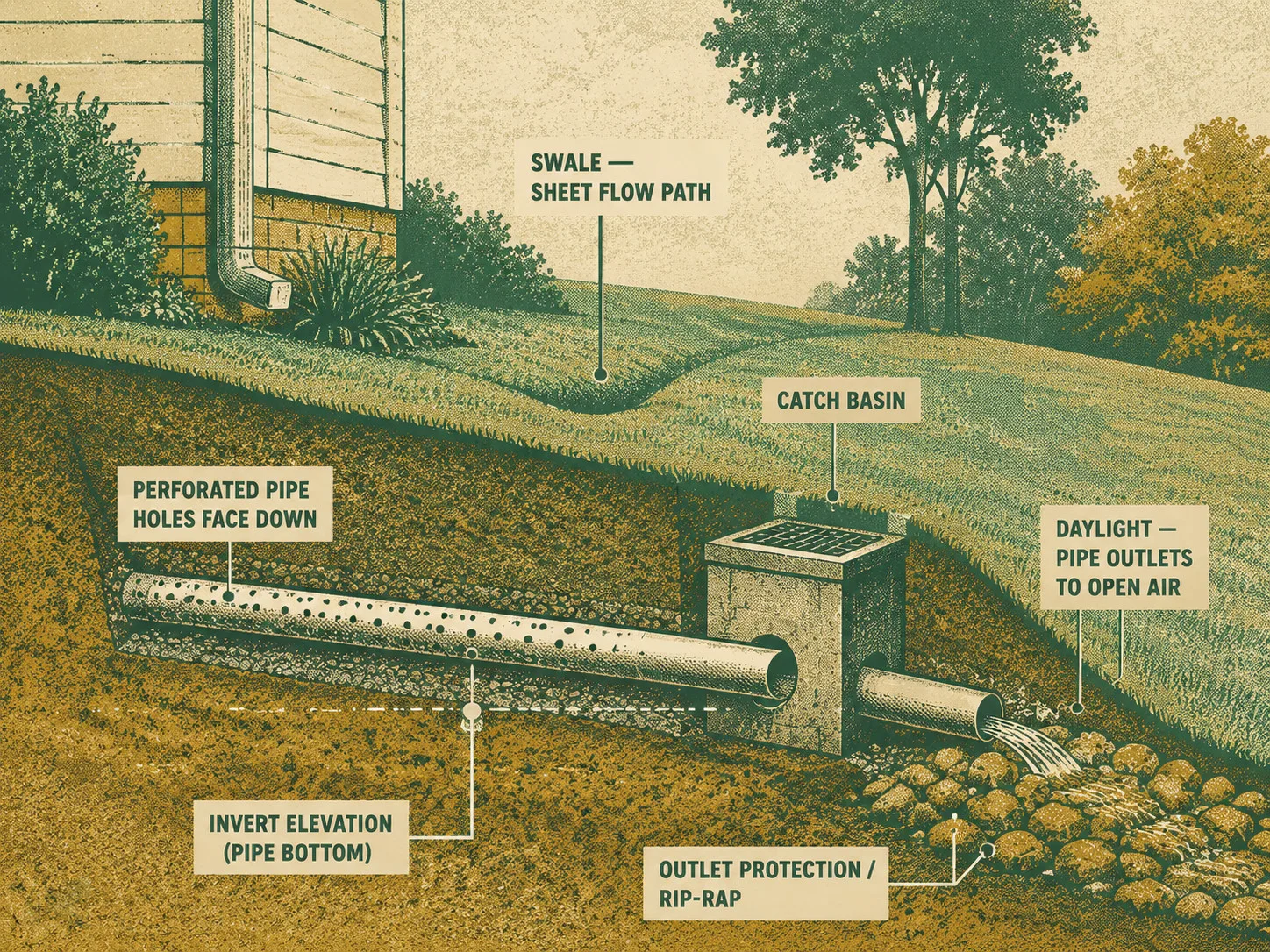 Risograph-style cross-section of a yard drainage system showing perforated pipe with holes facing down, the daylight outlet at the slope's low end, a swale carrying sheet flow, a catch basin at the yard low point, and rip-rap at the pipe outlet