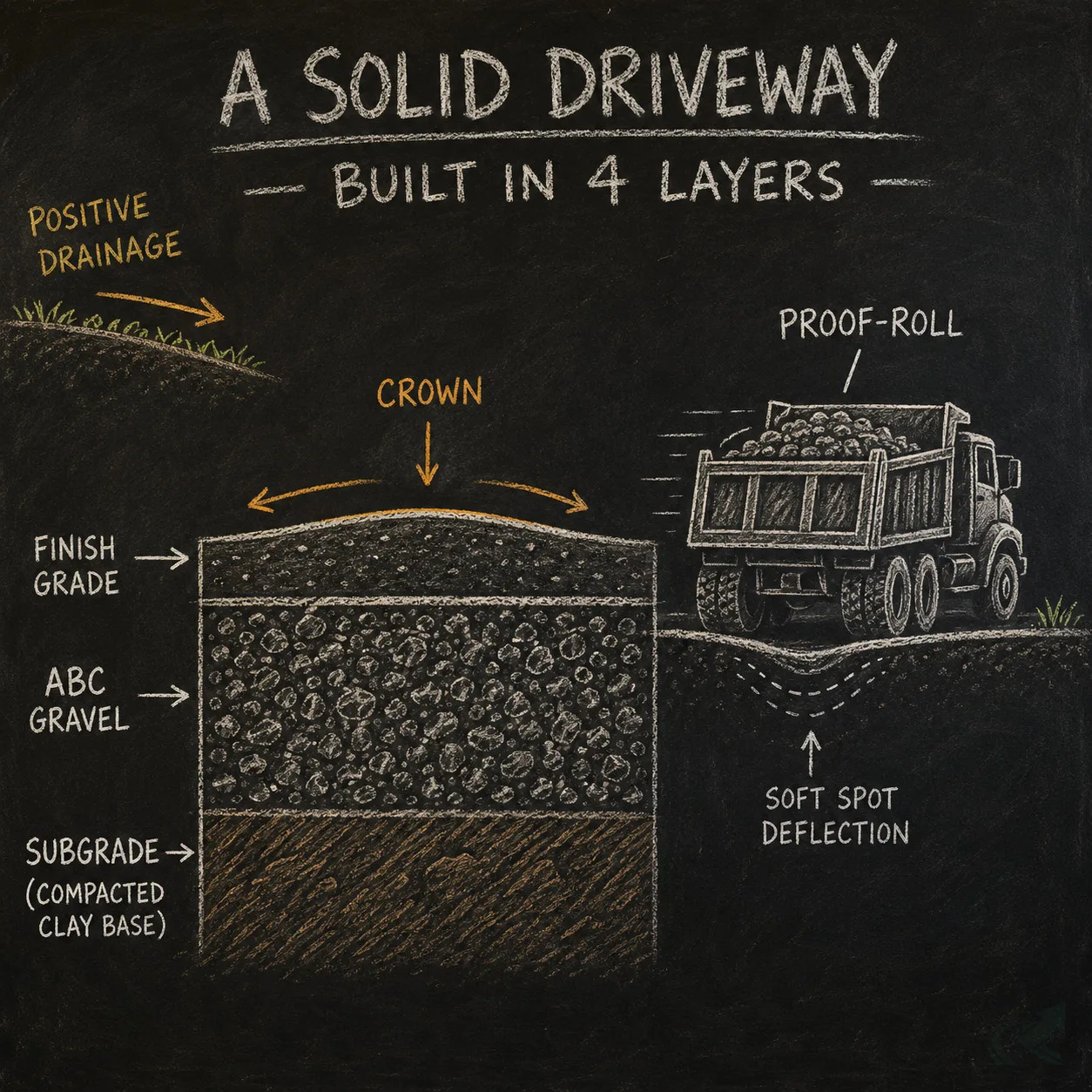Chalkboard diagram showing a cross-section of a graded yard: four layers labeled subgrade, ABC gravel, finish grade, and crown with water shedding arrows; a loaded dump truck labeled proof-roll making a pass over the surface to the right