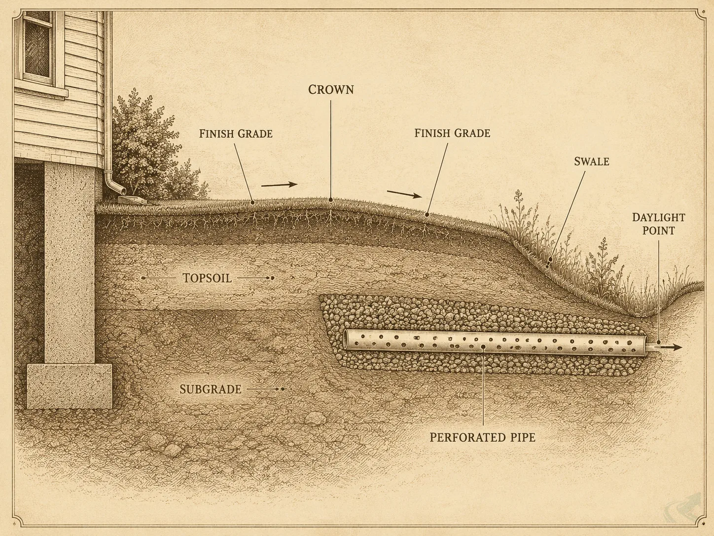 Vintage engraving cross-section of a residential yard showing where crown, finish grade, topsoil, subgrade, perforated pipe, swale, and daylight point each sit in relation to the house and soil layers