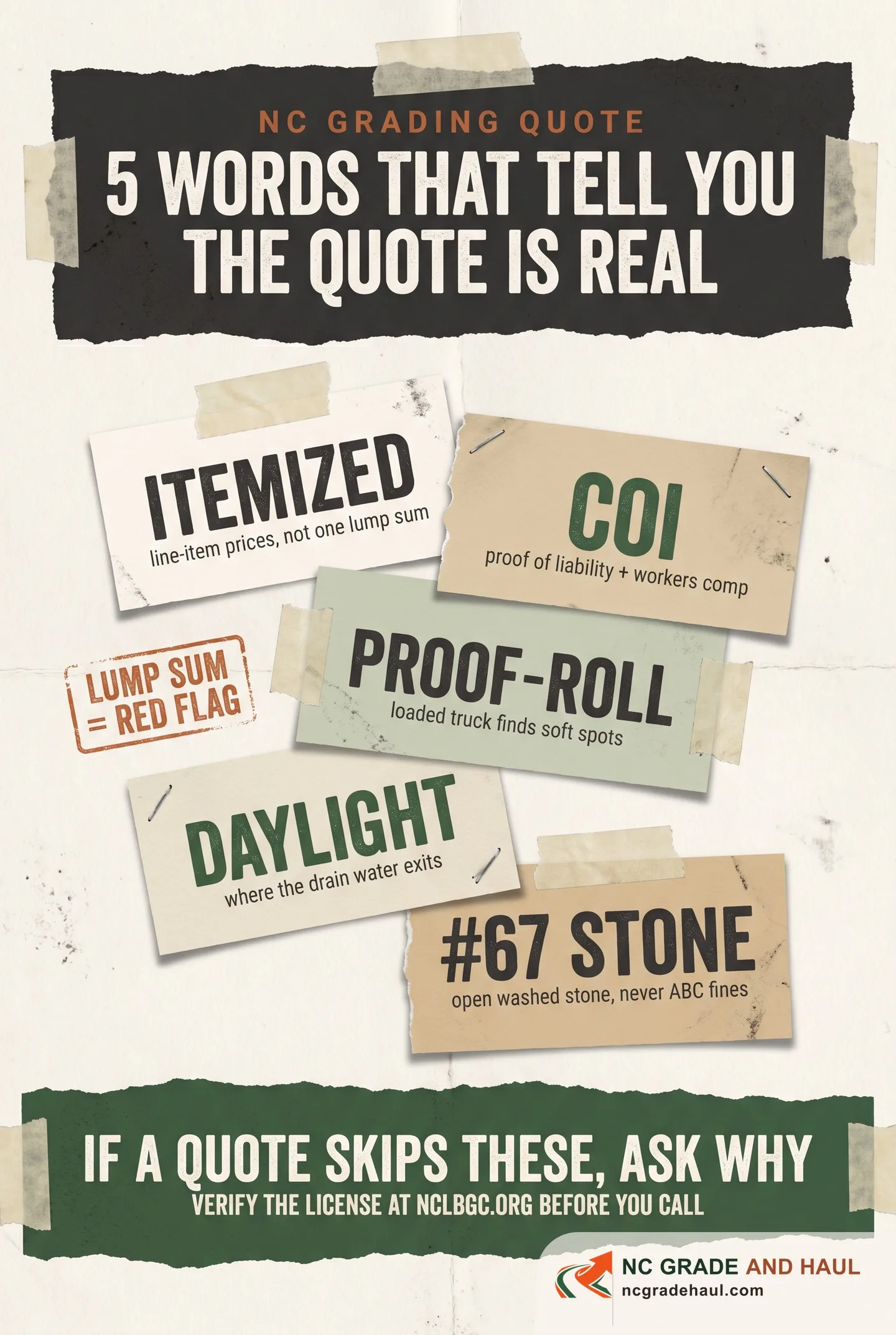 Five words that tell you an NC grading quote is real: itemized (line-item prices, not one lump sum), COI (proof of liability and workers comp), proof-roll (loaded truck finds soft spots), daylight (where the drain water exits), and #67 stone (open washed stone, never ABC fines) -- a lump sum with none of these is a red flag; verify the license at nclbgc.org before you call.