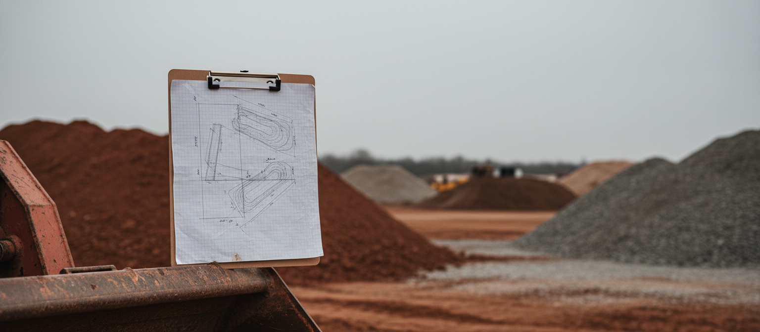 NC grading glossary sketch on clipboard at a red clay contractor worksite