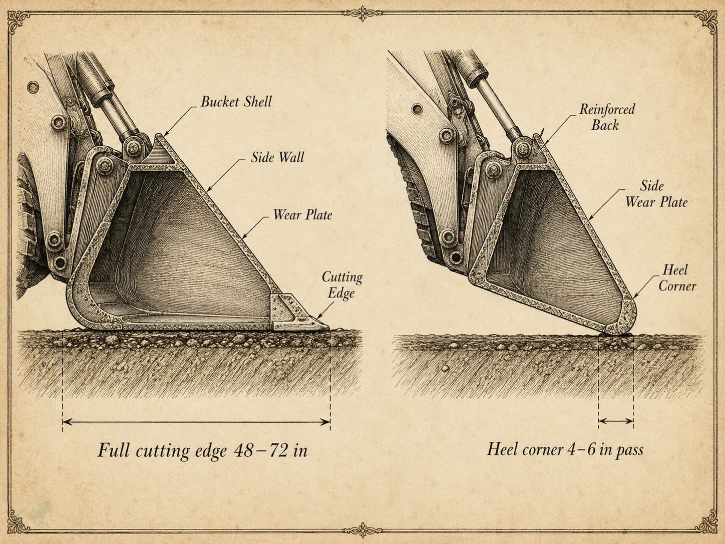 Side-by-side engraving diagram comparing the full 48–72 inch cutting edge pass versus the 4–6 inch heel-corner shaving pass on a skid steer bucket