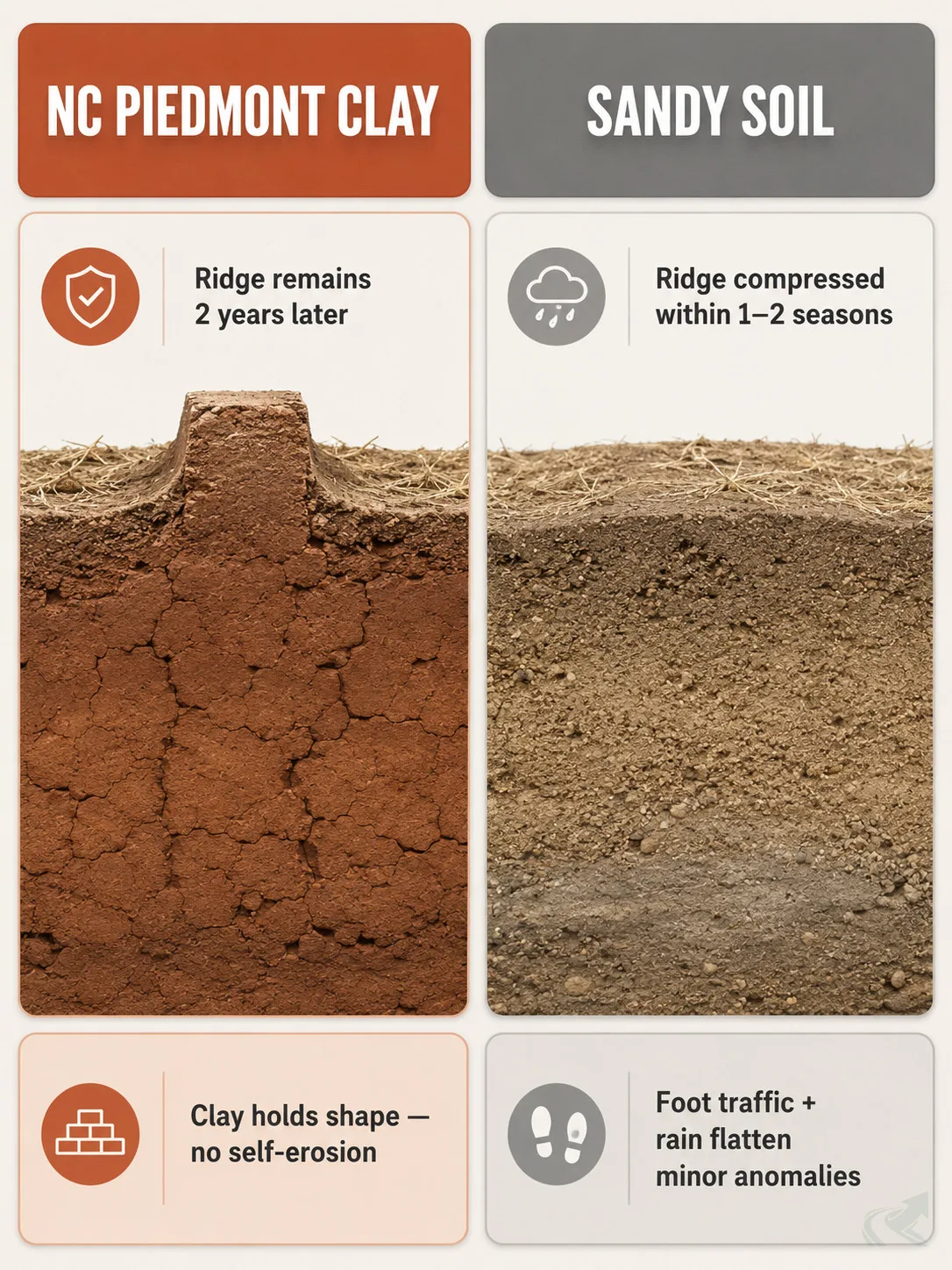 Bento-grid comparison of NC Piedmont clay holding a ridge two years later versus sandy soil where the ridge compresses within one to two seasons