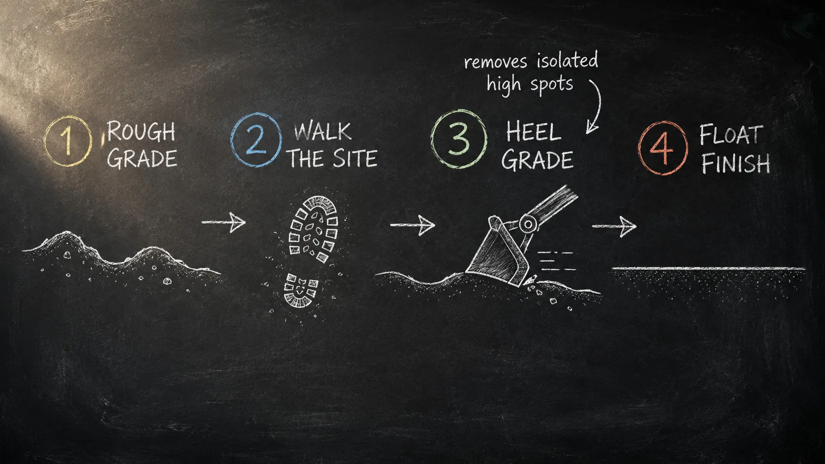 Chalkboard diagram of the four-step finish-grade sequence: rough grade, walk the site, heel grade, float finish