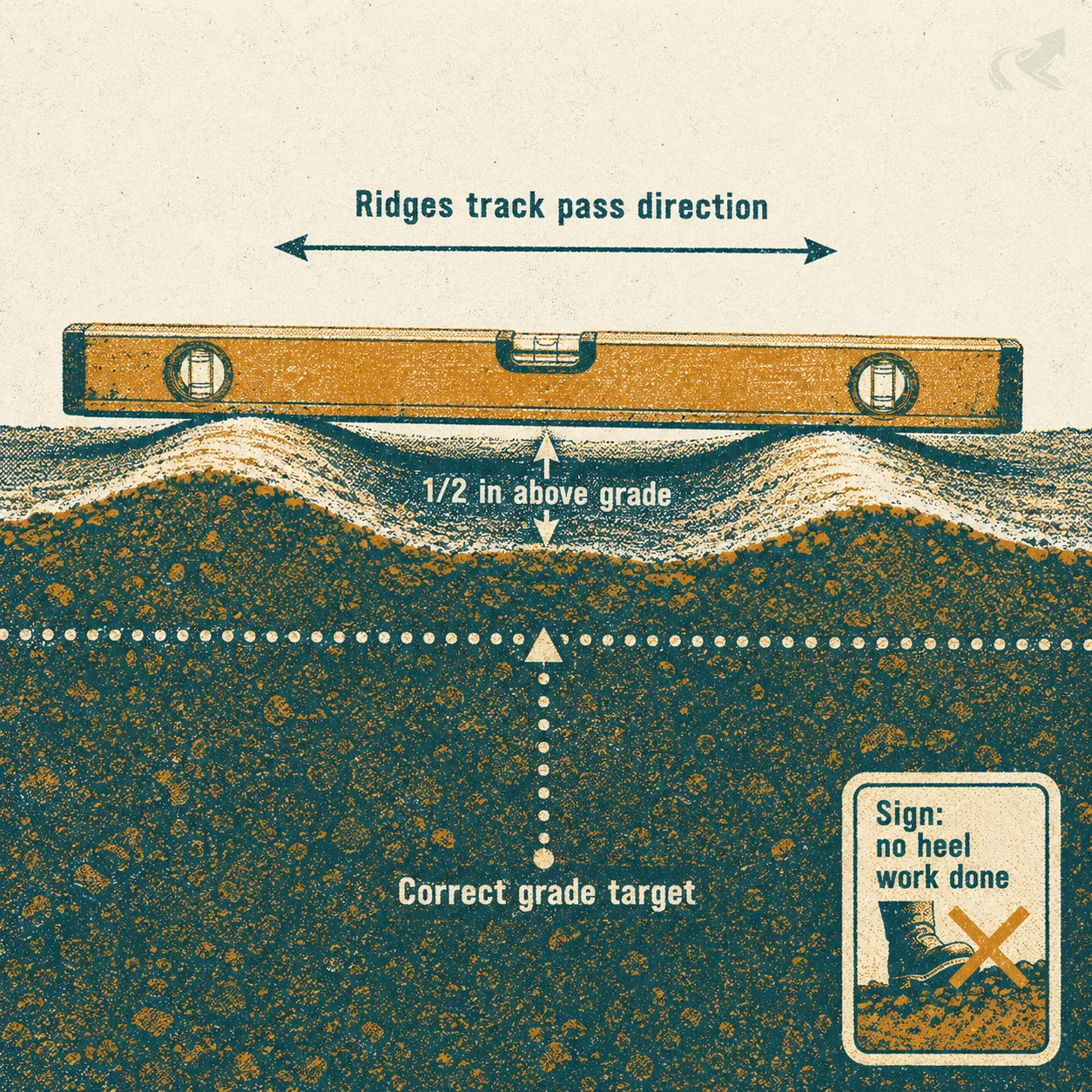 Risograph cross-section showing parallel ridges tracking the grading-pass direction, with a 4-foot level revealing a half-inch gap above target grade