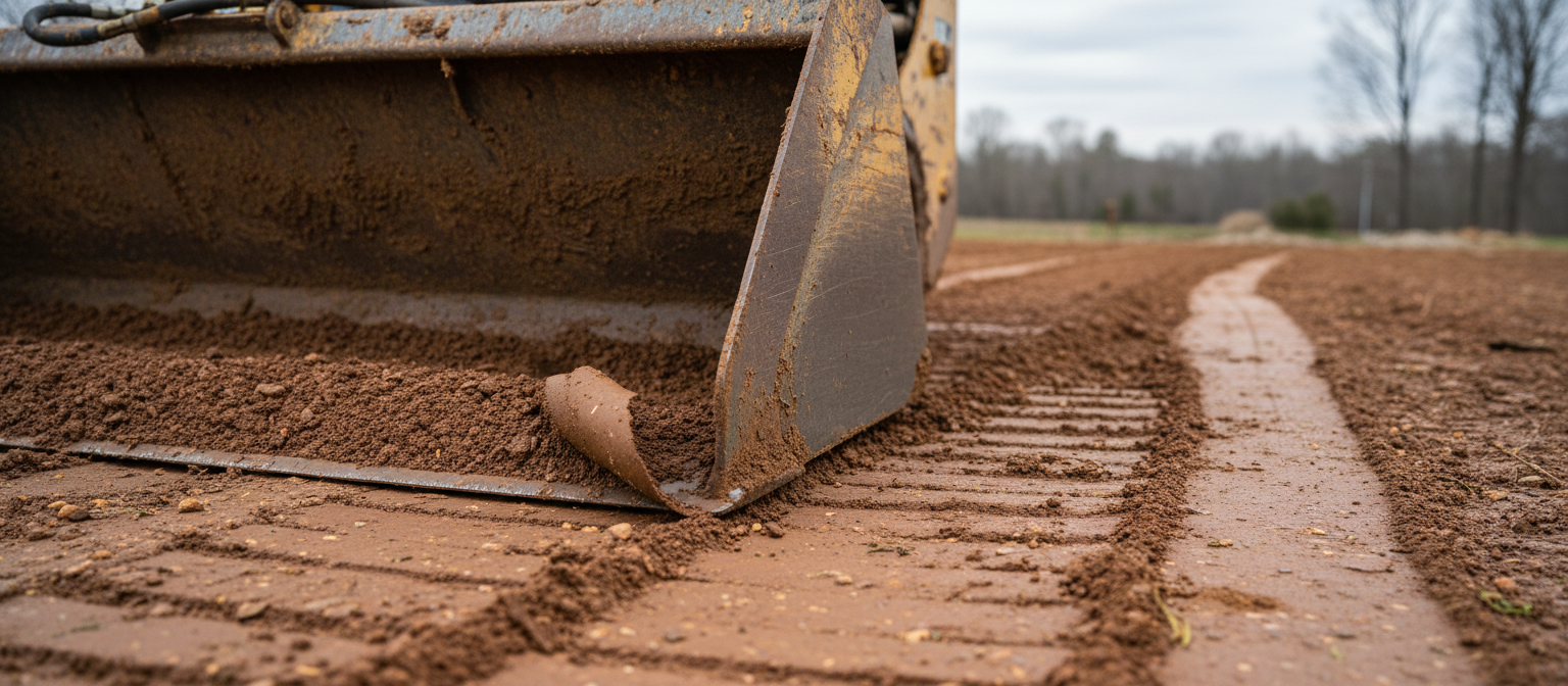 Heel grading bucket edge shaving high spots on NC red clay finish surface