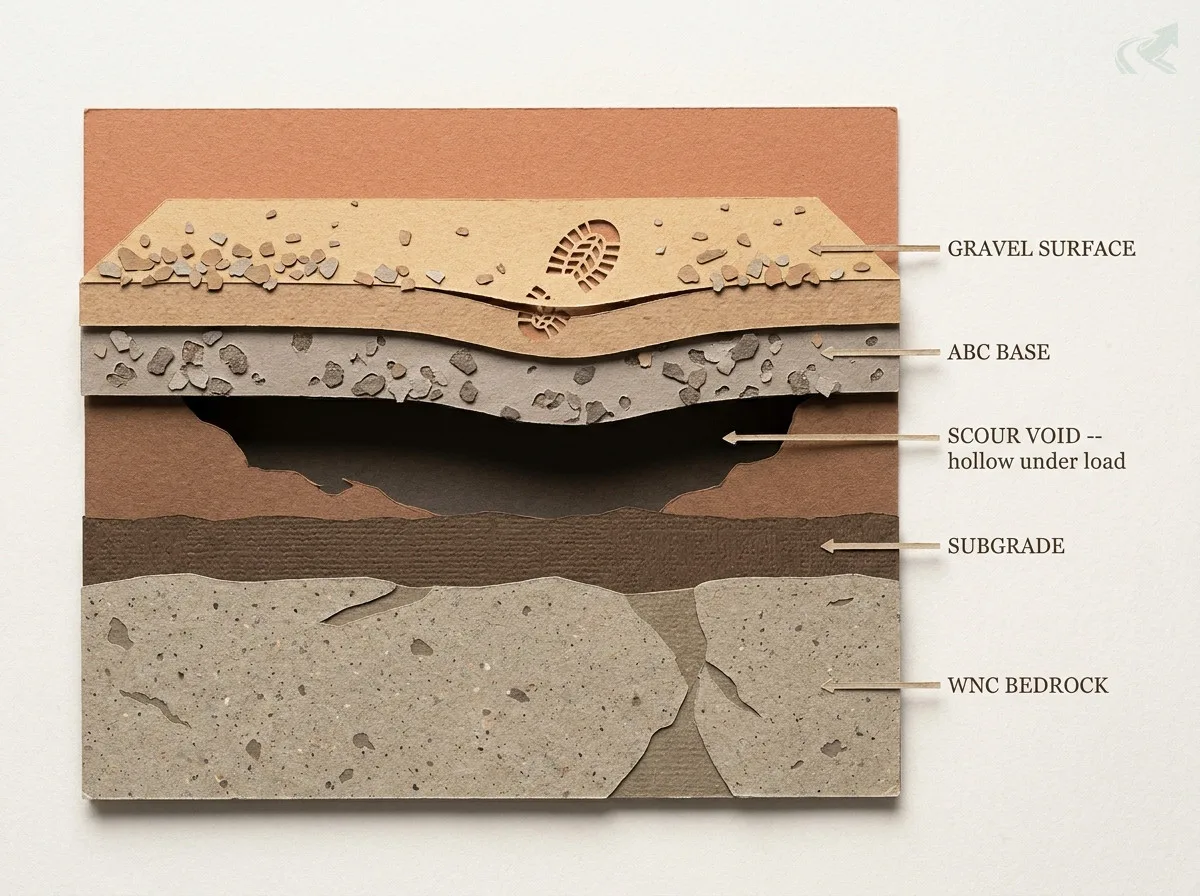 Layered cross-section diagram showing a WNC mountain driveway with an intact-looking gravel surface concealing a scour void beneath the ABC base -- the hollow void sits above the subgrade and WNC bedrock, with a boot print pressing into the surface from above.