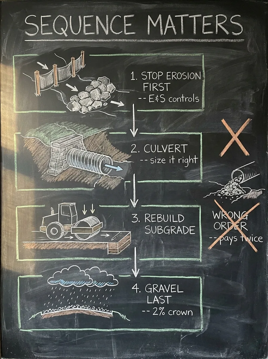 Chalkboard-style diagram showing the four Helene driveway repair steps in correct sequence: 1. Stop erosion with E&S controls, 2. Culvert replacement sized right, 3. Rebuild subgrade, 4. Gravel last with 2% crown -- with a crossed-out warning that graveling before culvert work means paying twice.