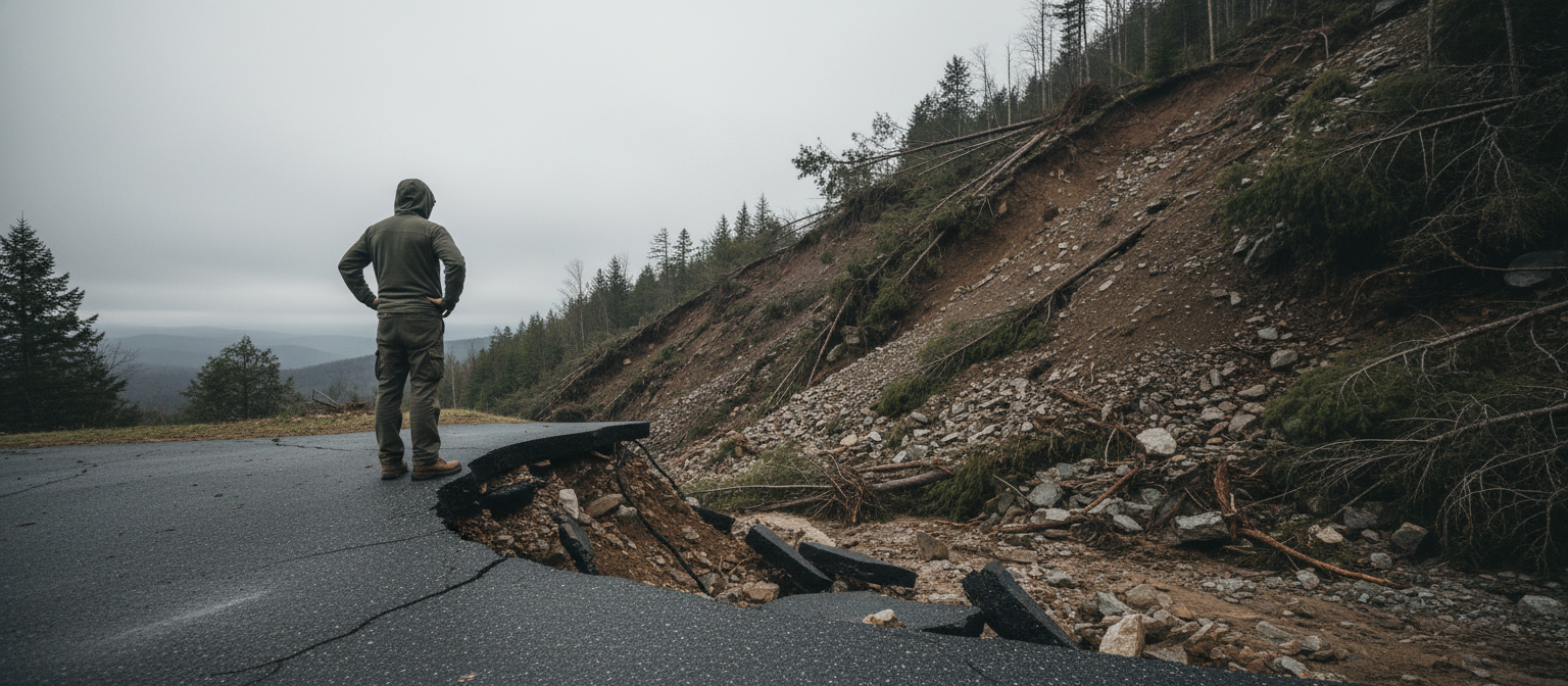 Hurricane Helene WNC washout damage -- crumbling mountain road and rockfall debris