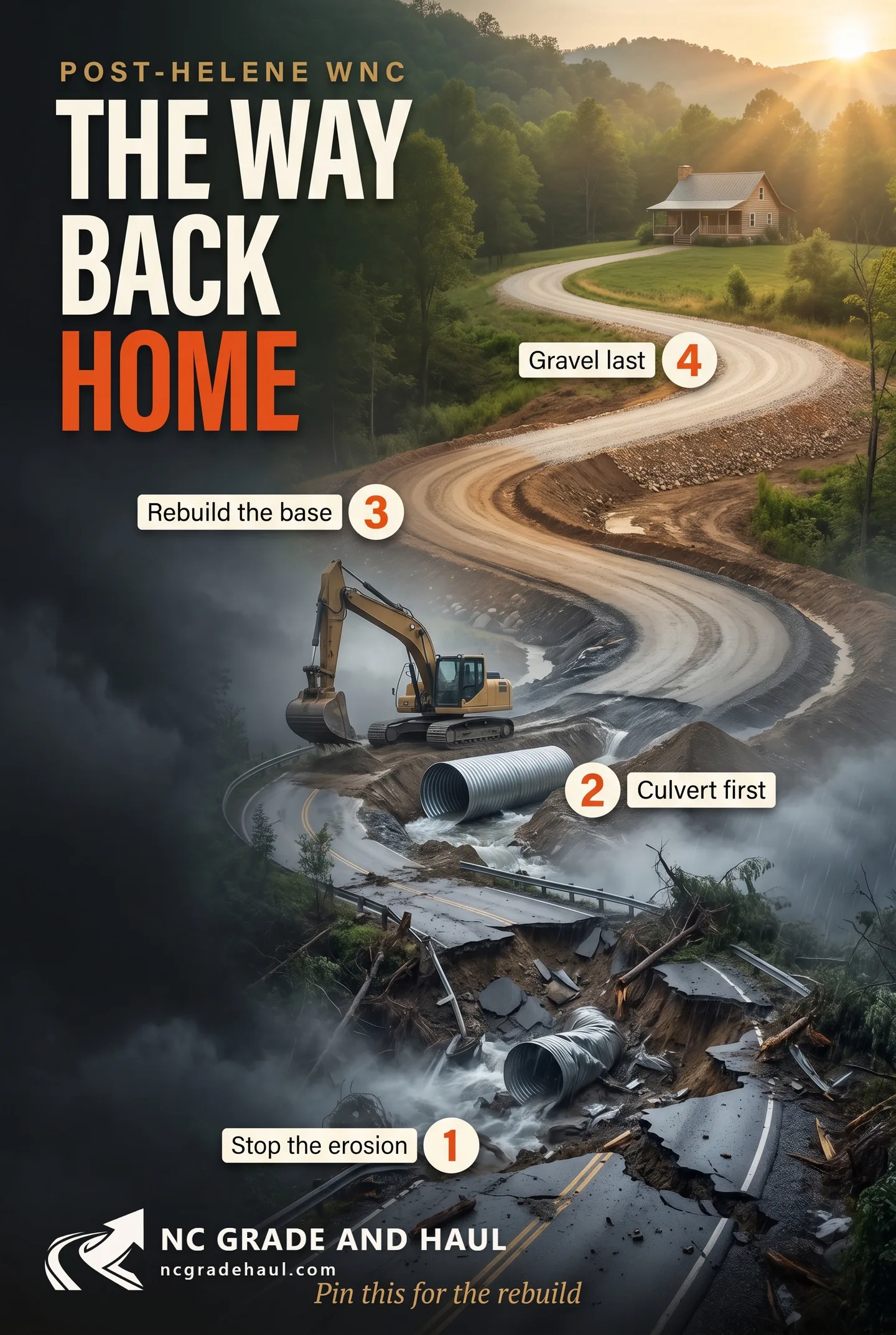 The way back home after Hurricane Helene: a WNC mountain driveway recovering in four steps -- stop the erosion, culvert first, rebuild the base, gravel last -- from storm washout at the bottom of the frame to a restored farmhouse driveway in morning light at the top.